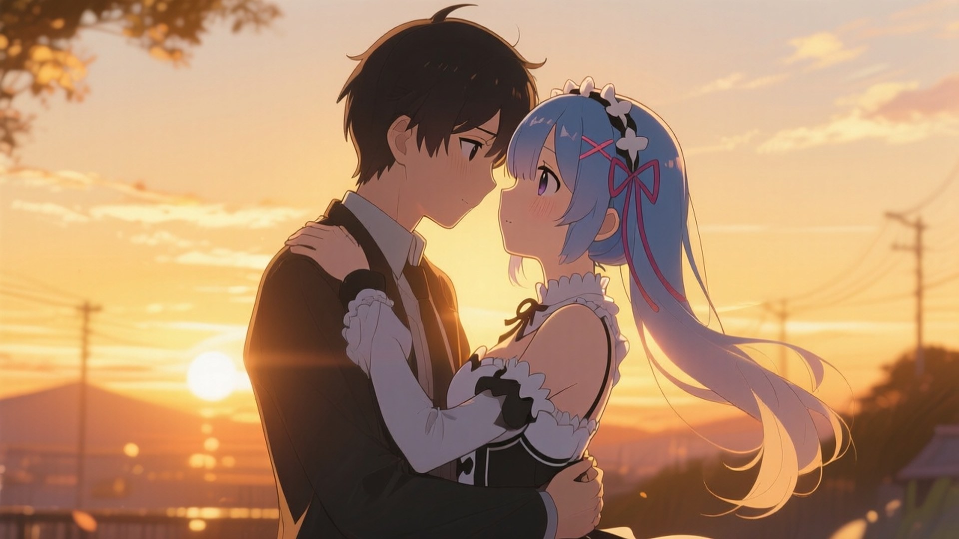 Sunset Embrace 壁紙 — 一對年輕動漫情侶在夕陽西下時溫柔擁抱，夕陽在他們身後投下溫暖的金色光芒。