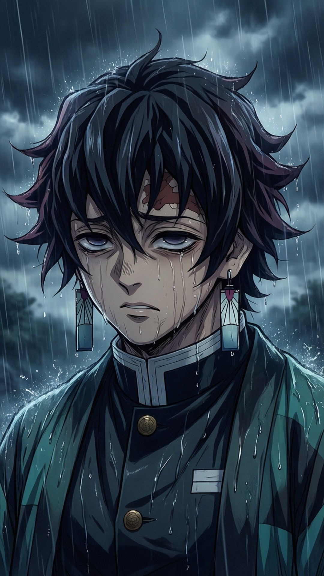 Rainy Zenitsu Melancholy 壁紙 — 一位年輕的動漫戰士，深色頭髮，帶有淚痕，在暴風雨的天空下，莊嚴地站在大雨中。
