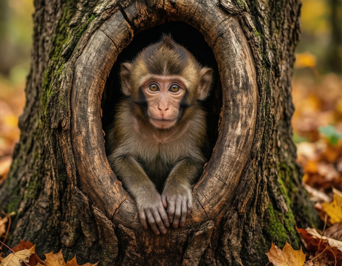 Tree Trunk Peek 壁紙 — 一隻年輕猴子睜著好奇的大眼睛，從被秋葉包圍的空心樹幹中探出頭來。