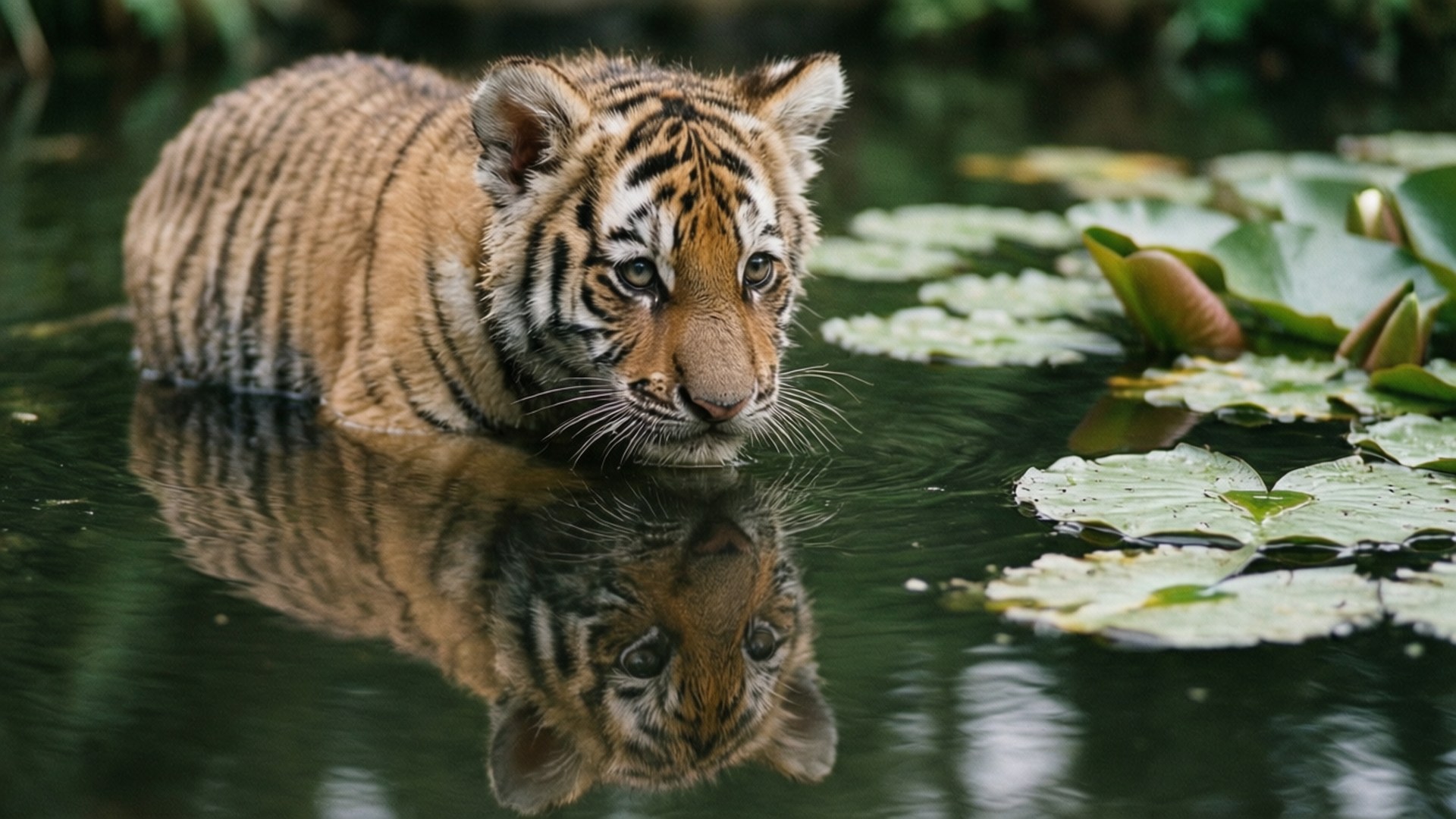 Reflection Cub 壁紙 — 一隻帶有橙色條紋的年輕老虎幼崽站在平靜的水中，周圍環繞著睡蓮，其倒影映照在下方。