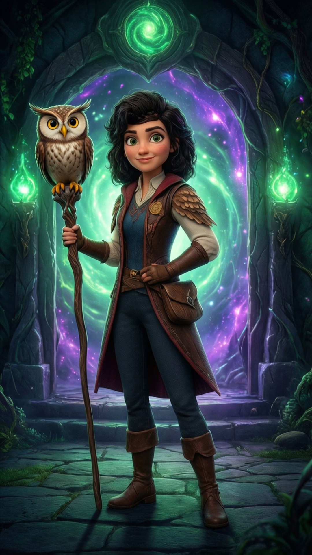 Owl House Portal 壁紙 — 一位年輕的冒險家，捲髮，自信地站著，手持頂端有貓頭鷹的杖，被森林中發光的神秘拱門框住。