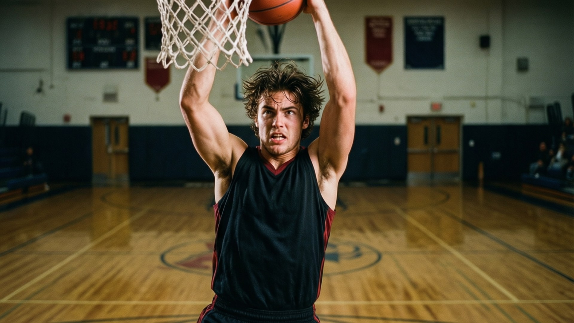 Troy's Epic Dunk 壁紙 — 一名身穿黑色球衣的年輕男籃球員在一個有木地板和看台的體育館中灌籃。