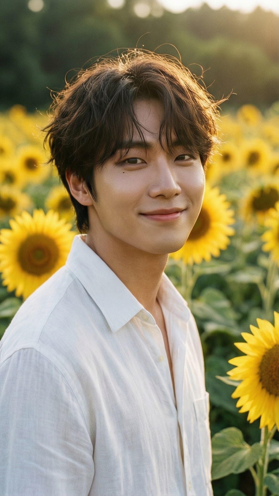 Minhyuk Sunflowers 壁紙 — 一位身穿白襯衫的年輕男子在金色陽光下，於充滿活力的向日葵田中溫柔微笑。