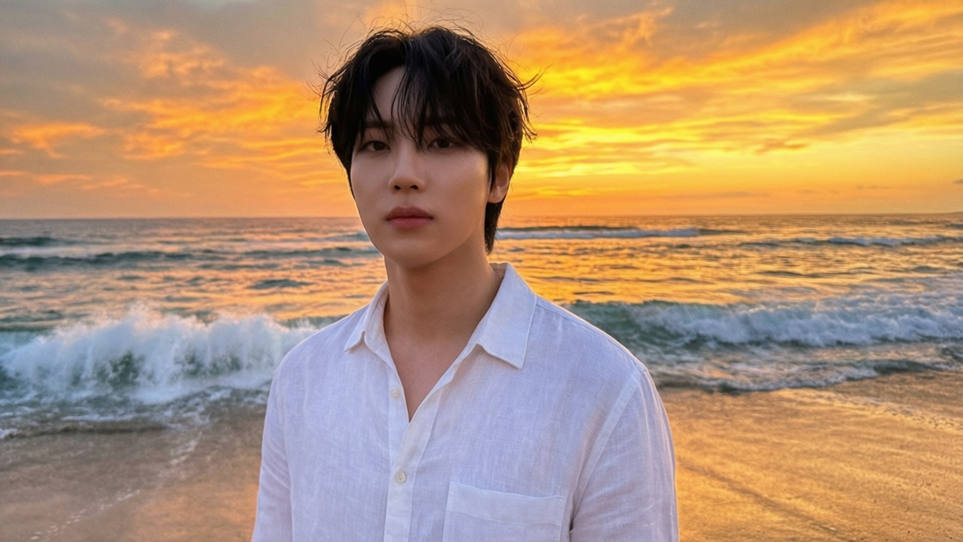 Yunhyeong At Sunset 壁紙 — 一個穿著白襯衫的年輕男子站在沙灘上，金色海浪在熾熱的夕陽天空下拍打。