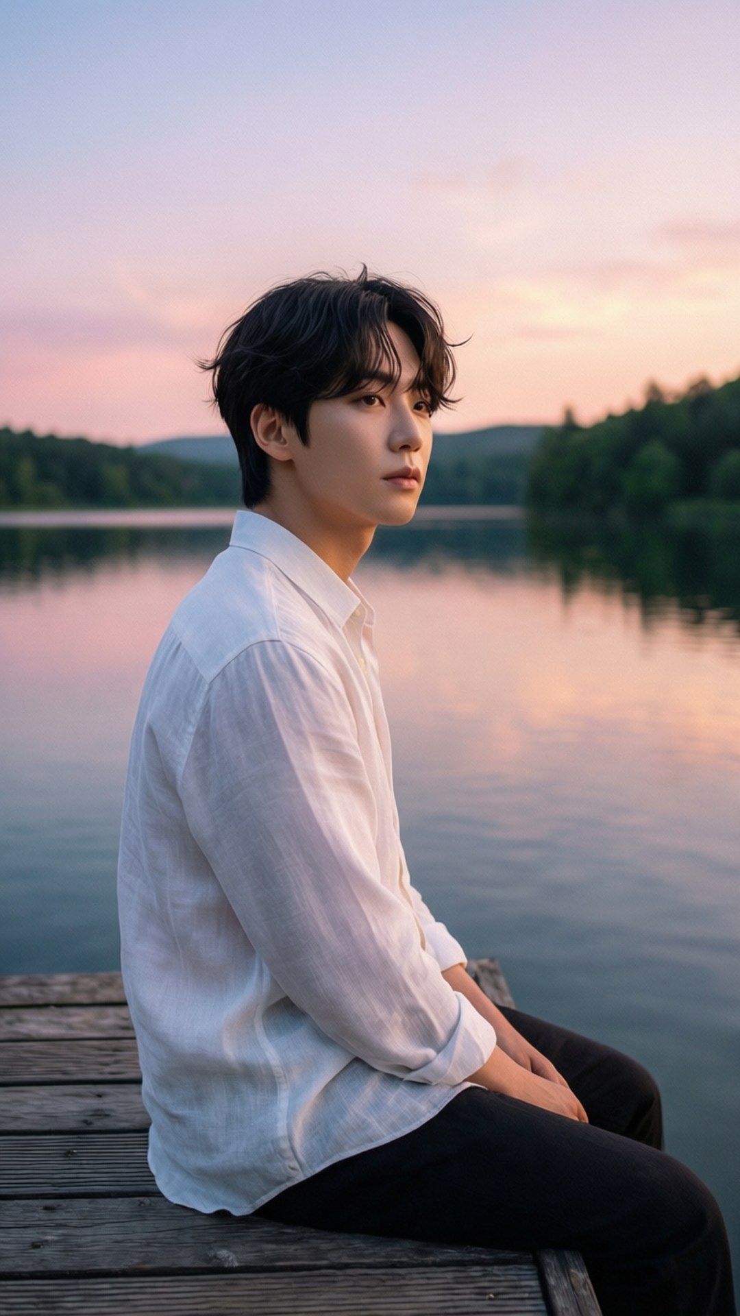 원우 桌布 壁紙 — 一個身穿白襯衫的年輕男子沉思地坐在木碼頭上，平靜的湖面反射著夕陽柔和的粉紅和橙色色調。