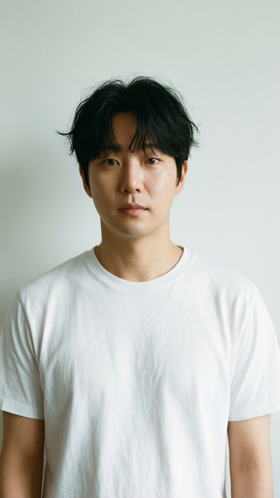 Minimalist True Self 壁紙 — 一個深色亂髮的年輕男子穿著純白T恤，靠在柔和的米白色牆上。