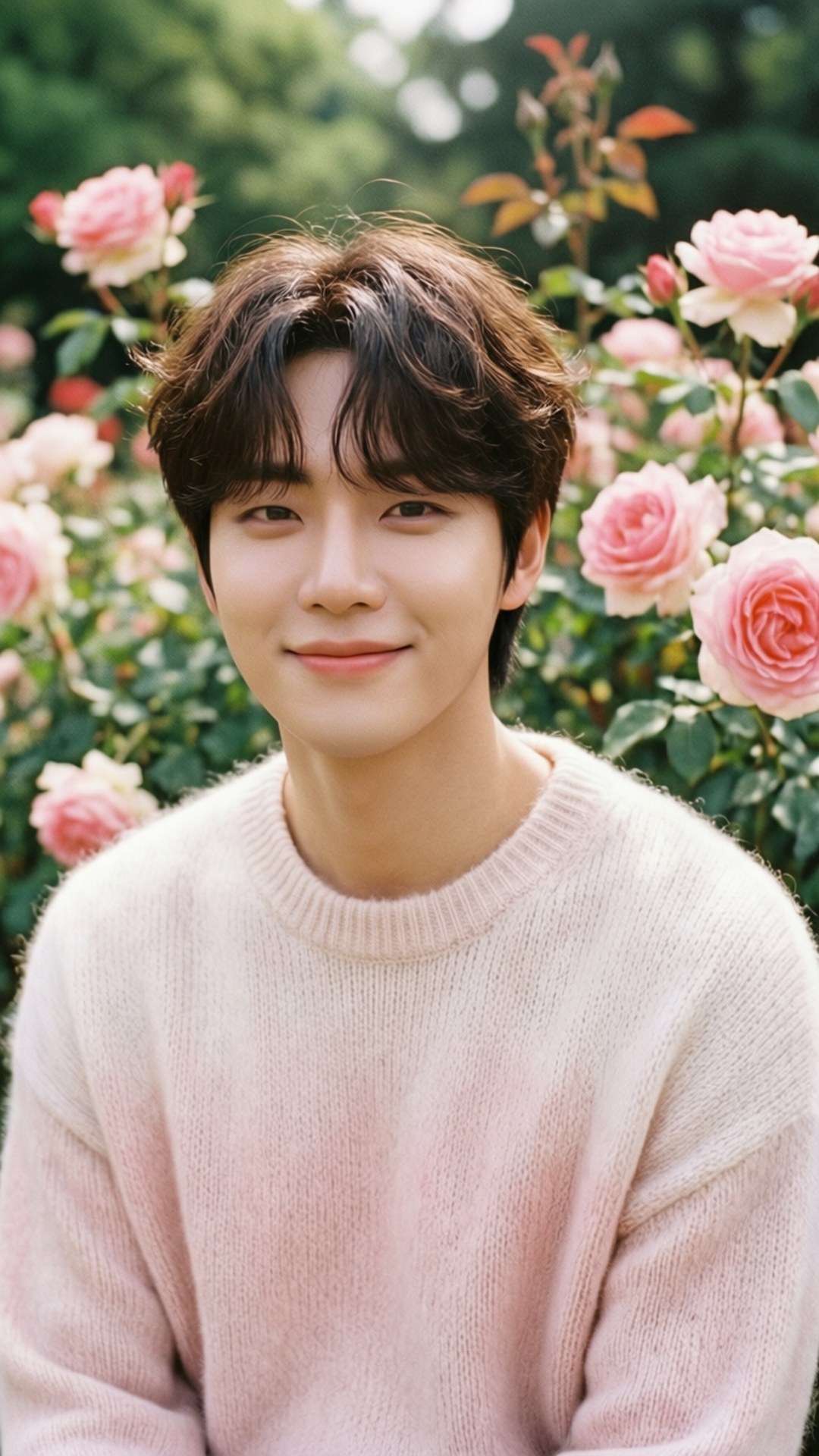 원우 桌布 壁紙 — 一位身穿柔軟粉紅色毛衣的年輕男子在盛開粉紅玫瑰的茂密花園中溫柔微笑。