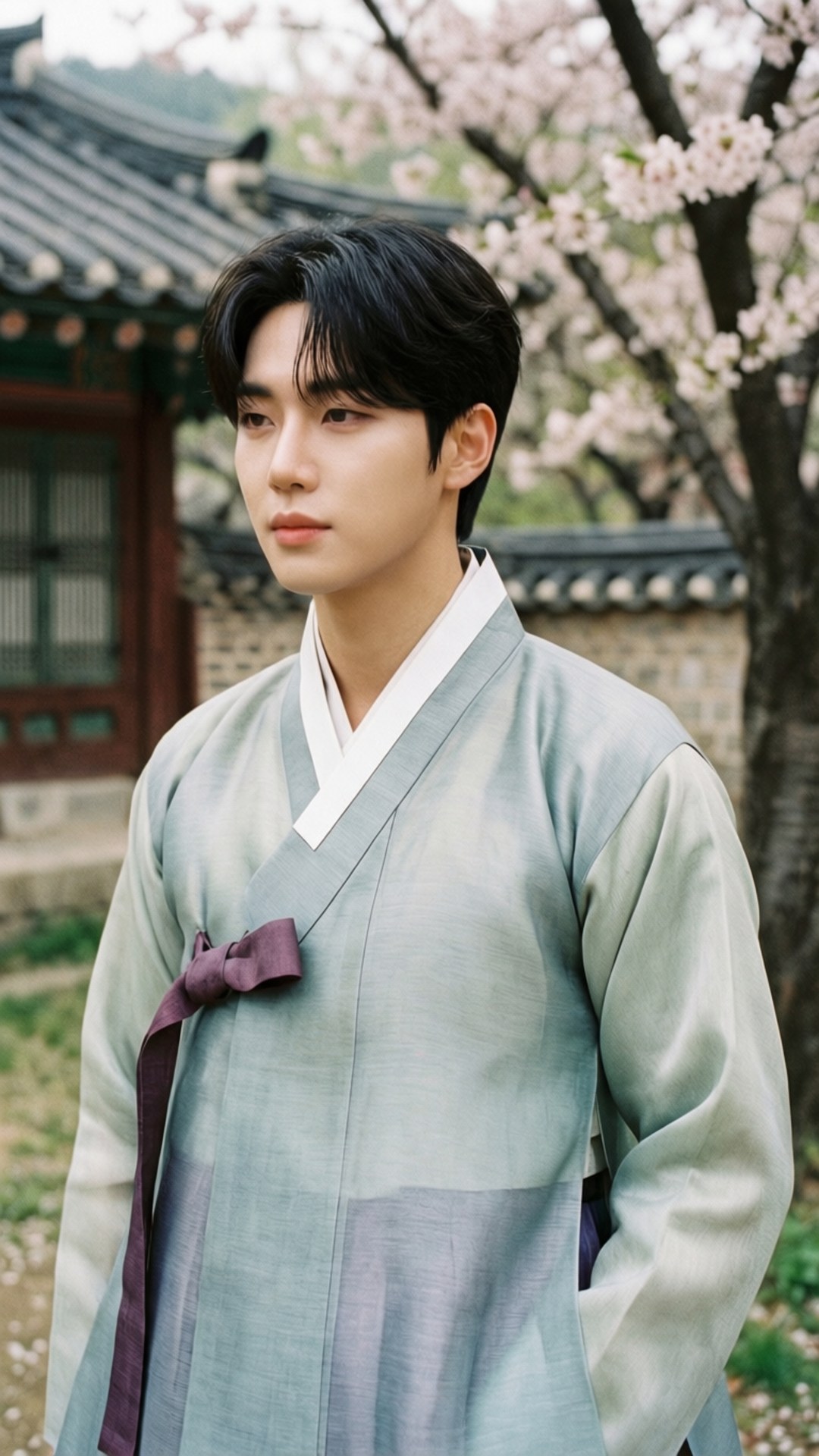 Hanbok Elegance 壁紙 — 一名身穿淺藍色韓服、繫著紫色腰帶的年輕男子，站在盛開的櫻花下，靠近一座傳統韓國建築。