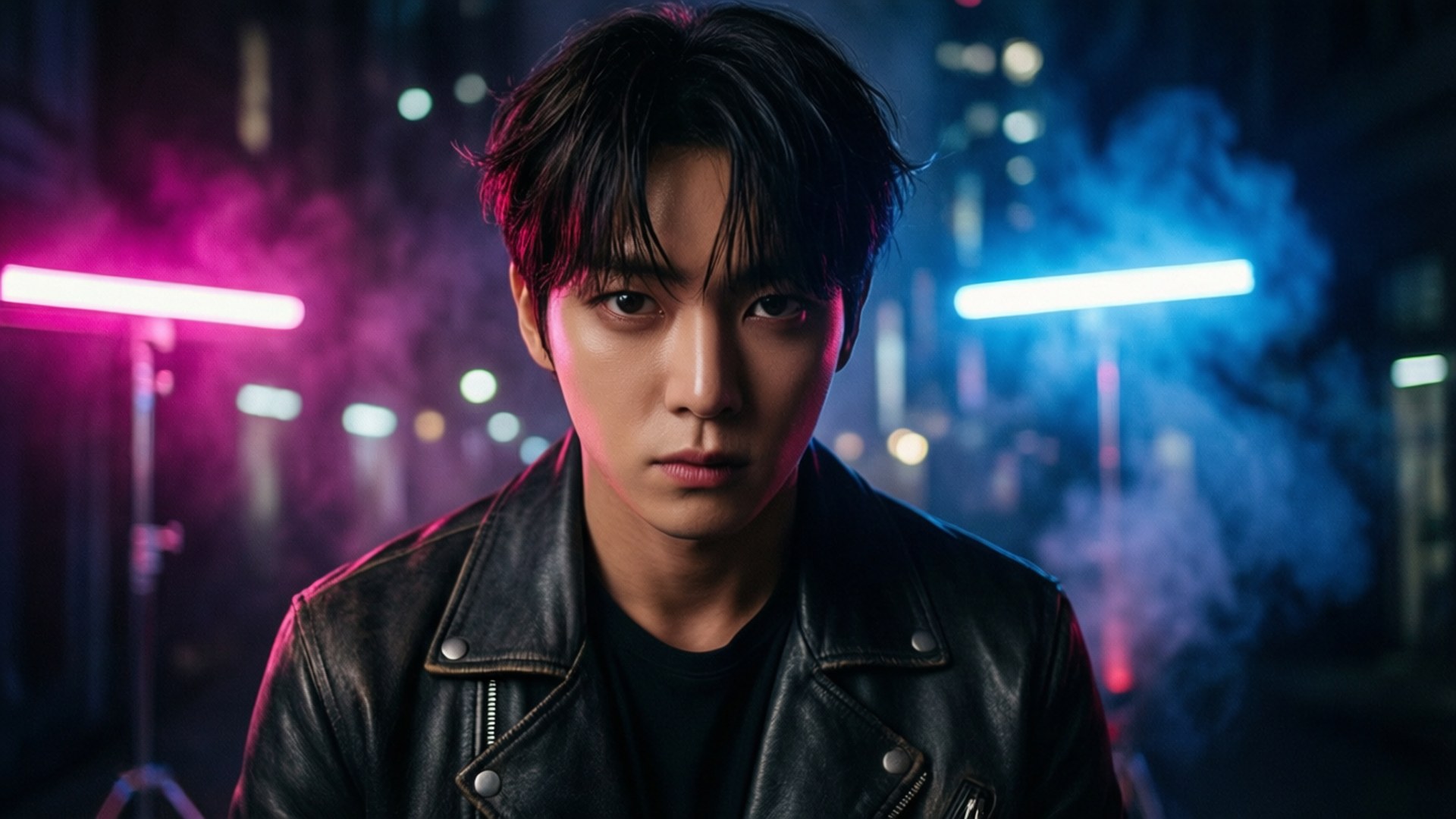 Neon Nights Jeonghan 壁紙 — 一個穿著黑色皮夾克的年輕男子，在霓虹燈光（粉紅和藍色）映照的都市夜景背景下，凝視著鏡頭。