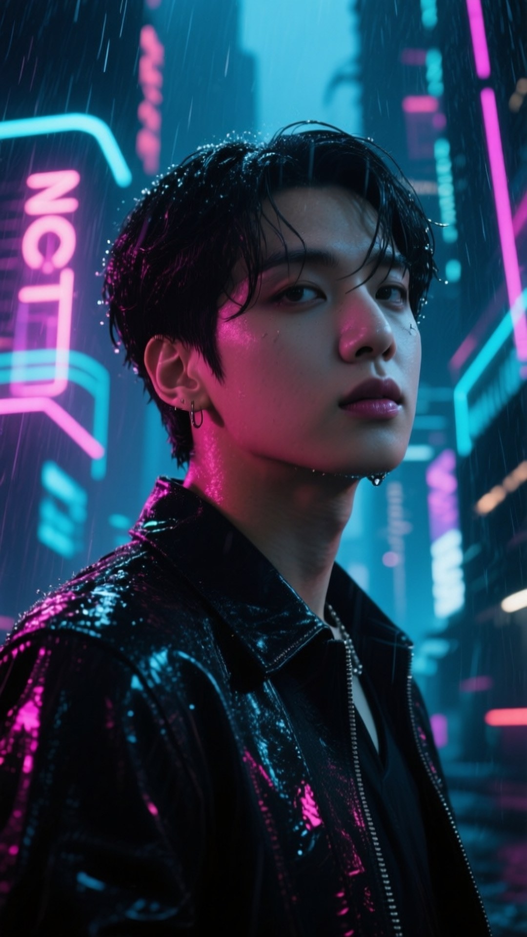 Neon Taeyong 壁紙 — 一個頭髮濕透、身穿黑色外套的年輕男子站在雨中的霓虹燈賽博龐克城市景觀中。
