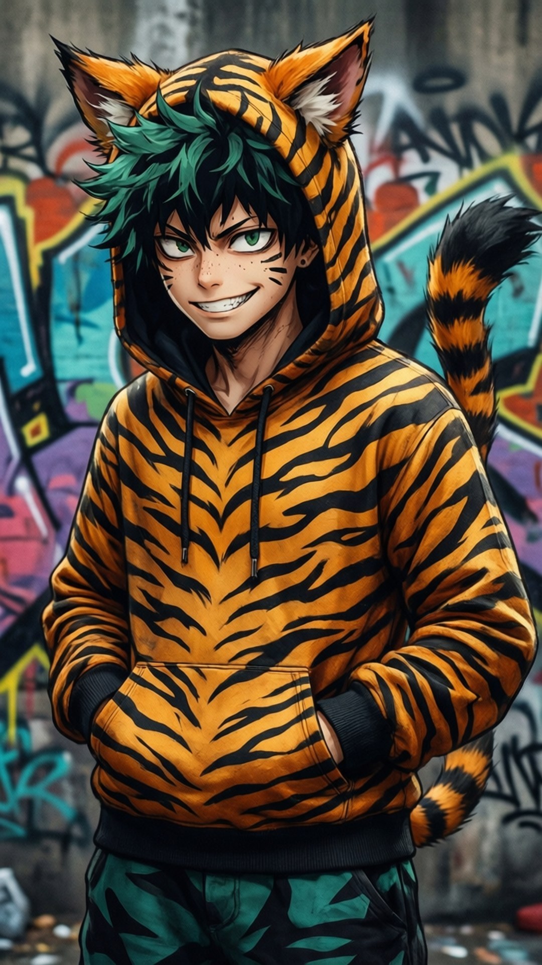 Wild Tiger Bakugou 壁紙 — 一名身穿虎紋連帽衫、帶有耳朵和尾巴的年輕男子，對著色彩繽紛的塗鴉牆微笑。