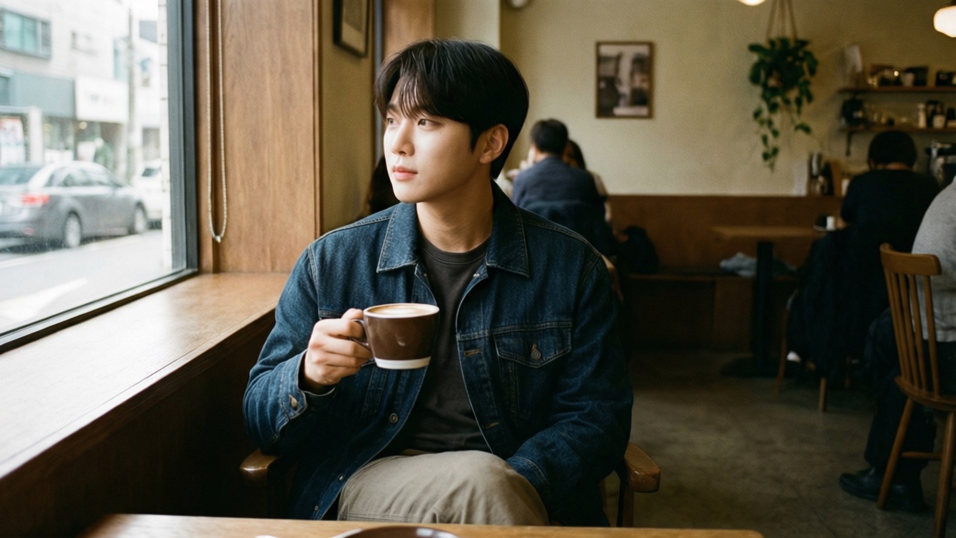Cafe Candid Moment 壁紙 — 一個穿著牛仔外套的年輕男子拿著咖啡杯，若有所思地望著咖啡館窗外。