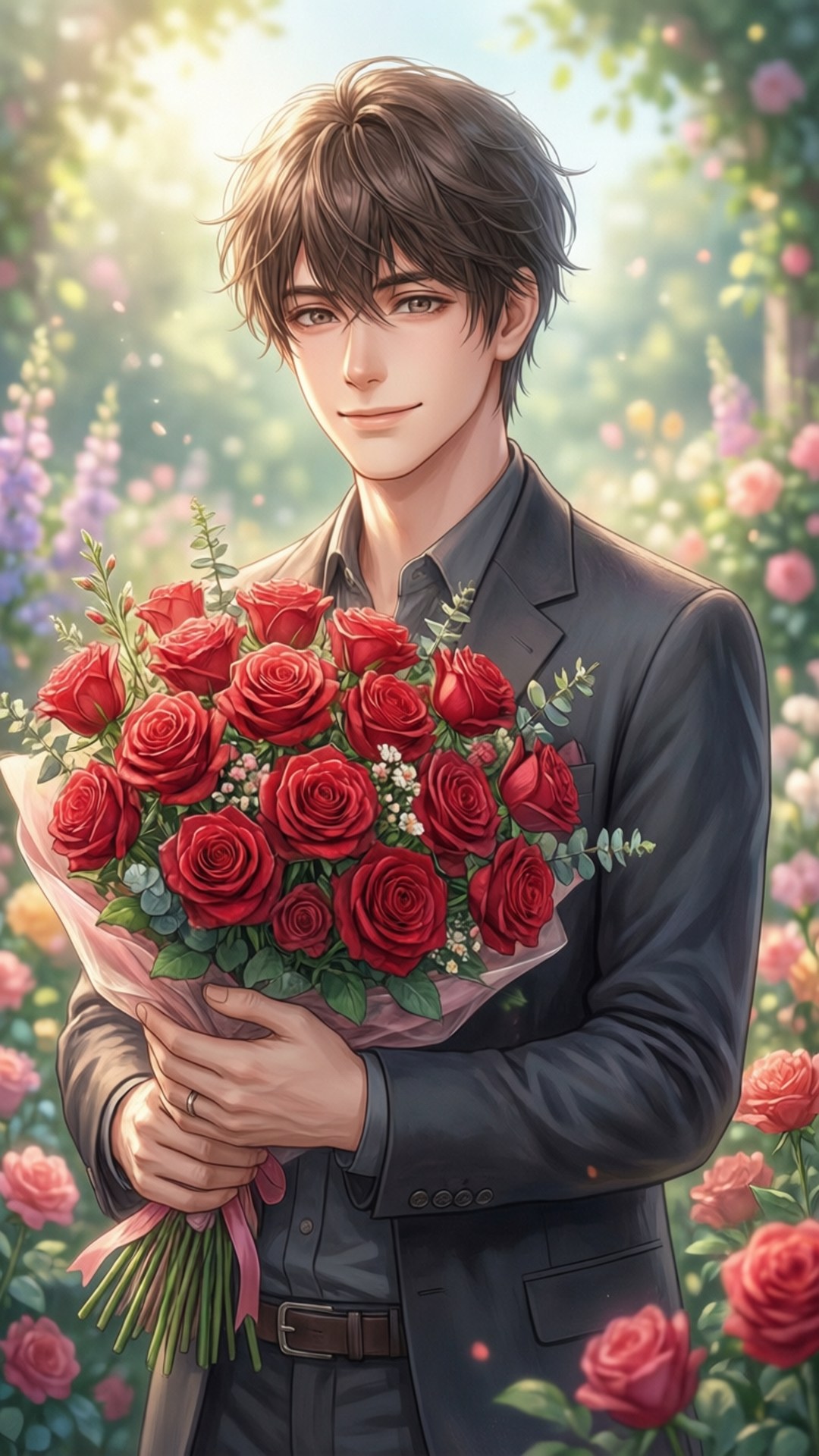 Floral Gift 壁紙 — 一位身穿深色西裝的年輕男子在陽光明媚、色彩繽紛的花園中手持一束鮮豔的紅玫瑰。
