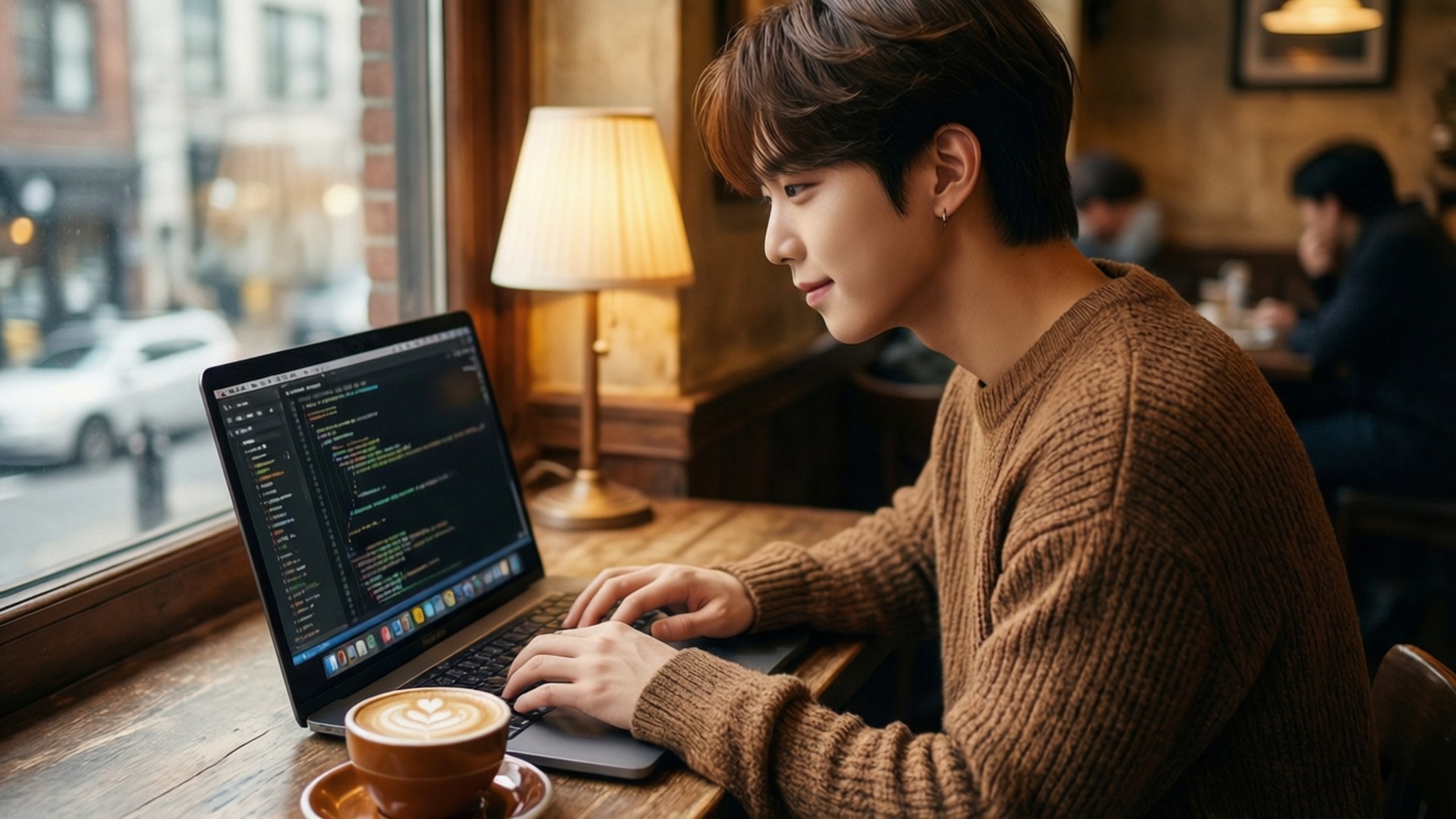 Coding Coffee Break 壁紙 — 年輕男子穿著棕色毛衣在舒適的咖啡桌旁用筆記型電腦編碼，桌上擺著拿鐵藝術，窗外有景色。