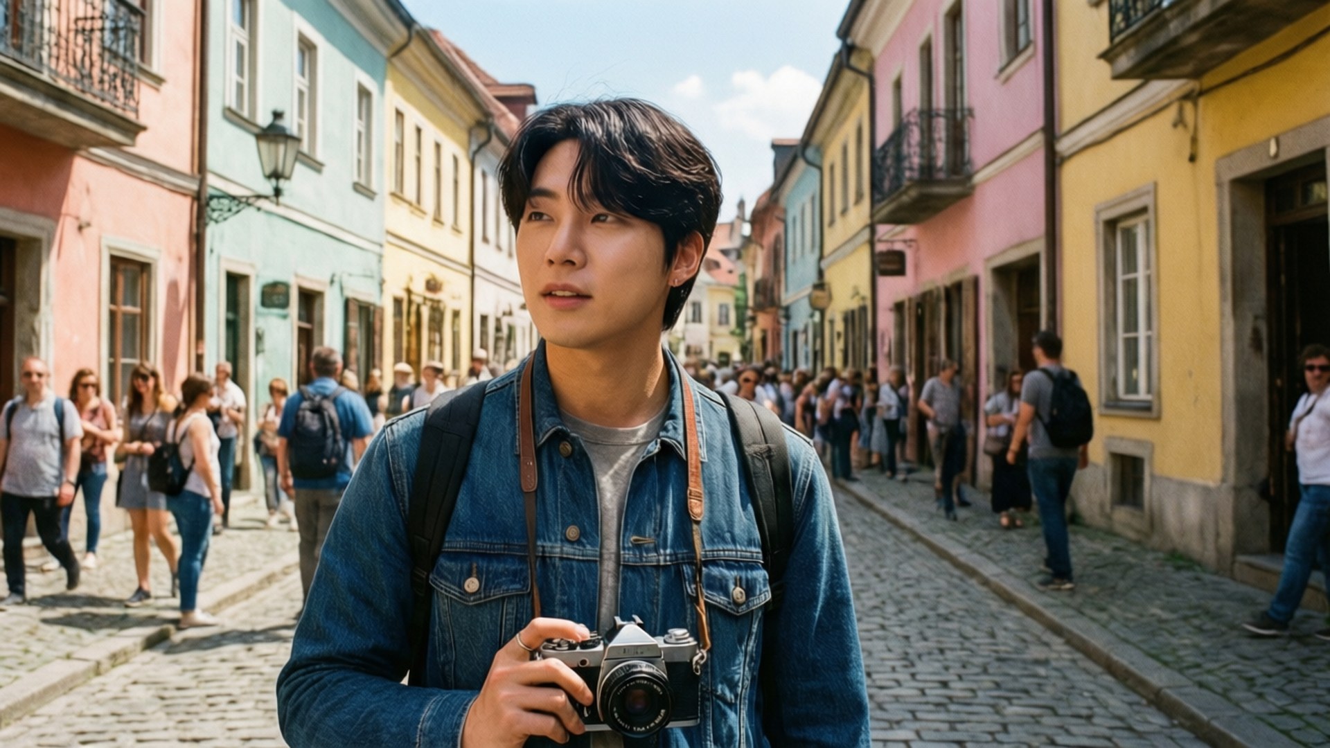 Travel Photographer 壁紙 — 一名身穿牛仔外套的年輕男子，手持一台復古相機，走在鋪滿鵝卵石、兩旁是粉彩色建築物的街道上。