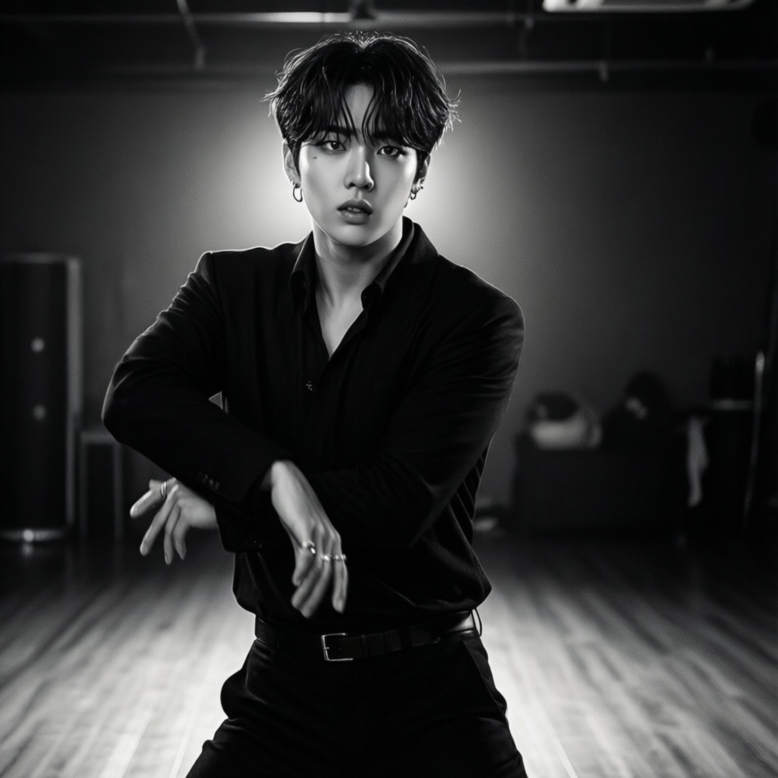 Taemin Monochrome 壁紙 — 一位身穿黑色襯衫和褲子的年輕男子在光線昏暗、木地板的舞蹈室中擺出動態舞蹈姿勢。