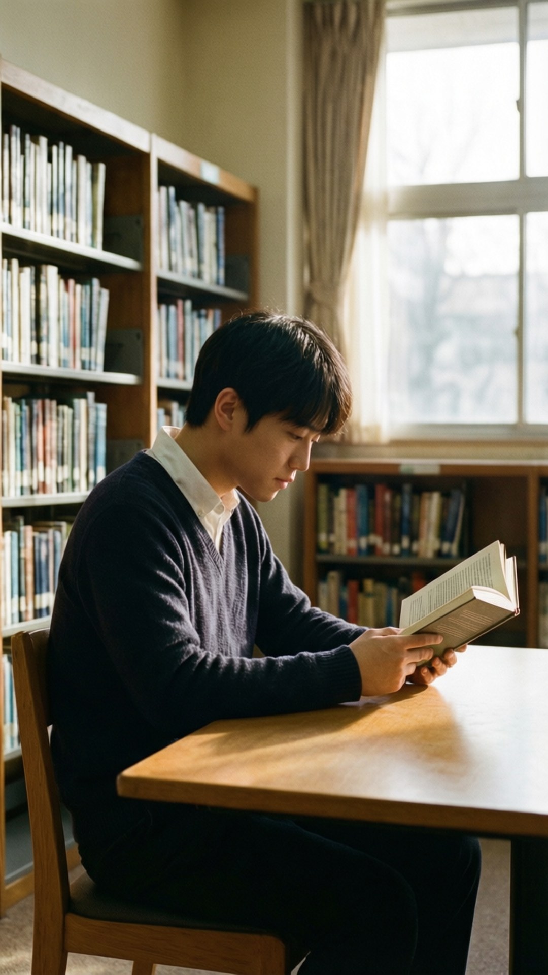 Library Quiet 壁紙 — 一個年輕男子坐在陽光普照的圖書館的木桌上，被書架包圍著閱讀一本書。