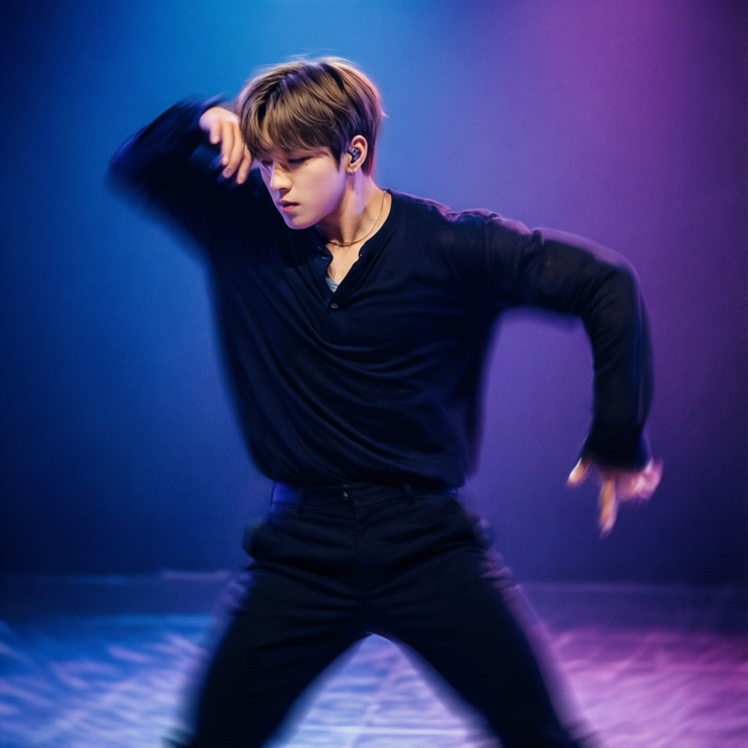 Taemin Dance Motion 壁紙 — 一名身穿黑色衣服的年輕男子在充滿活力的藍色和紫色舞台燈光下表演動感舞蹈動作。