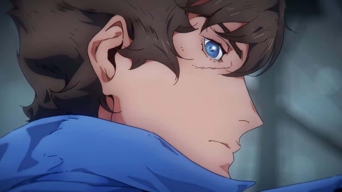  壁紙 — 年輕男子藍眼睛棕色頭髮側頭沉思的動漫特寫肖像。