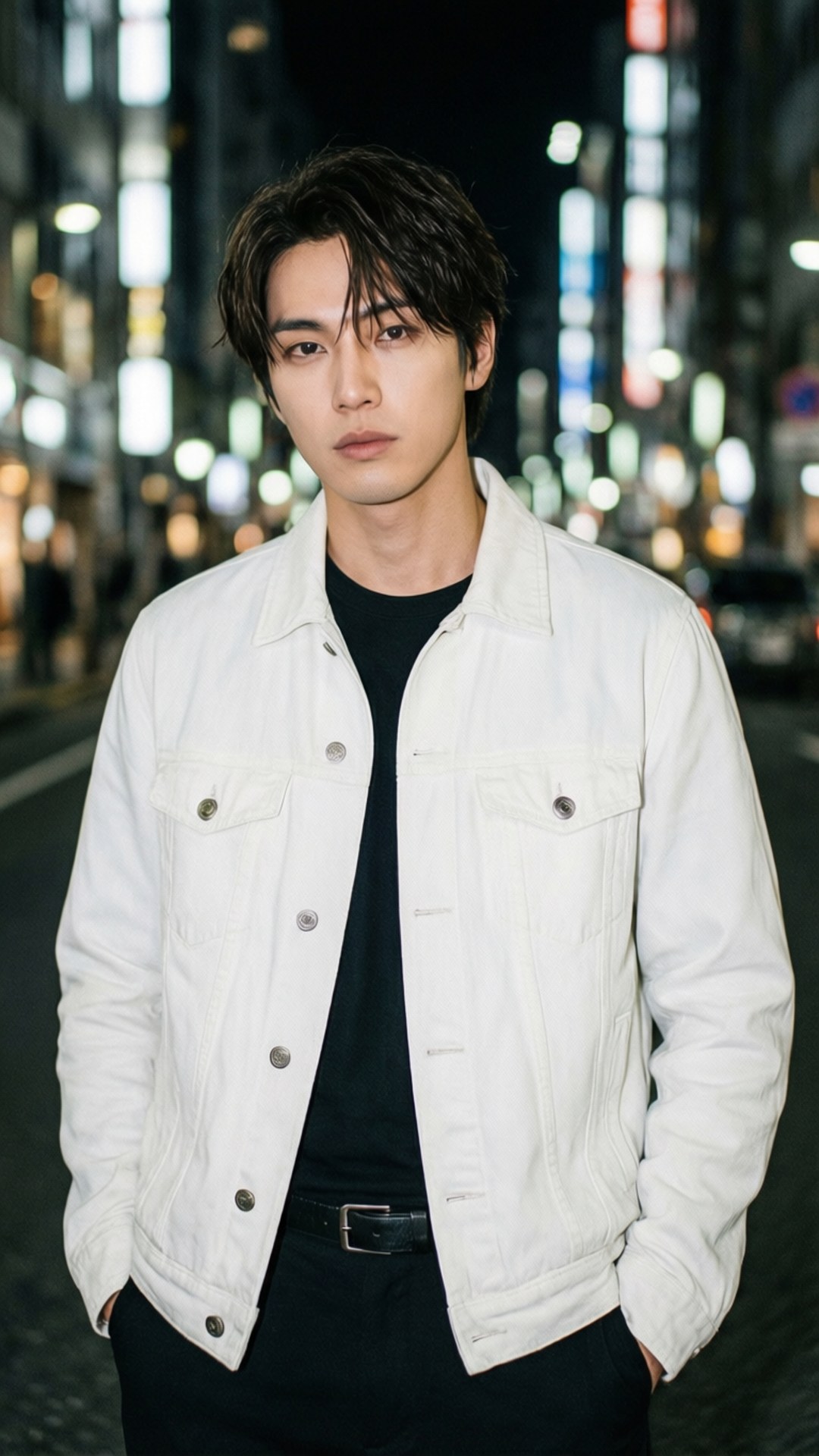White Jacket Style 壁紙 — 一位身穿白色牛仔外套的年輕男子自信地站在夜晚霓虹燈閃爍的東京街頭，身後是模糊的城市燈光。