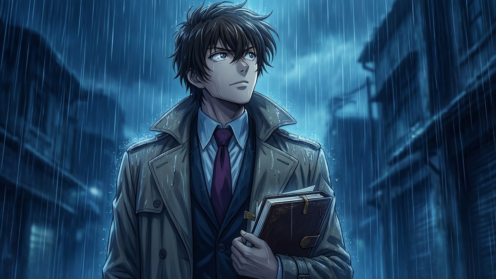 Rainy Detective 壁紙 — 一名身穿風衣的年輕男子在夜間霓虹燈照亮的城市小巷中，在傾盆大雨下拿著一本皮面書。