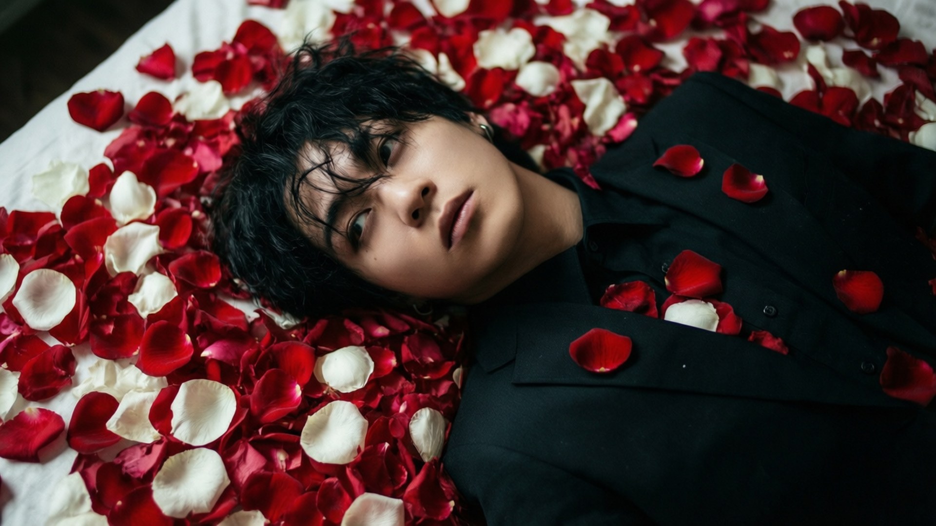 Rose Petal Recline 壁紙 — 一名黑髮年輕男子身穿黑色西裝，仰臥在紅白玫瑰花瓣的海洋中。