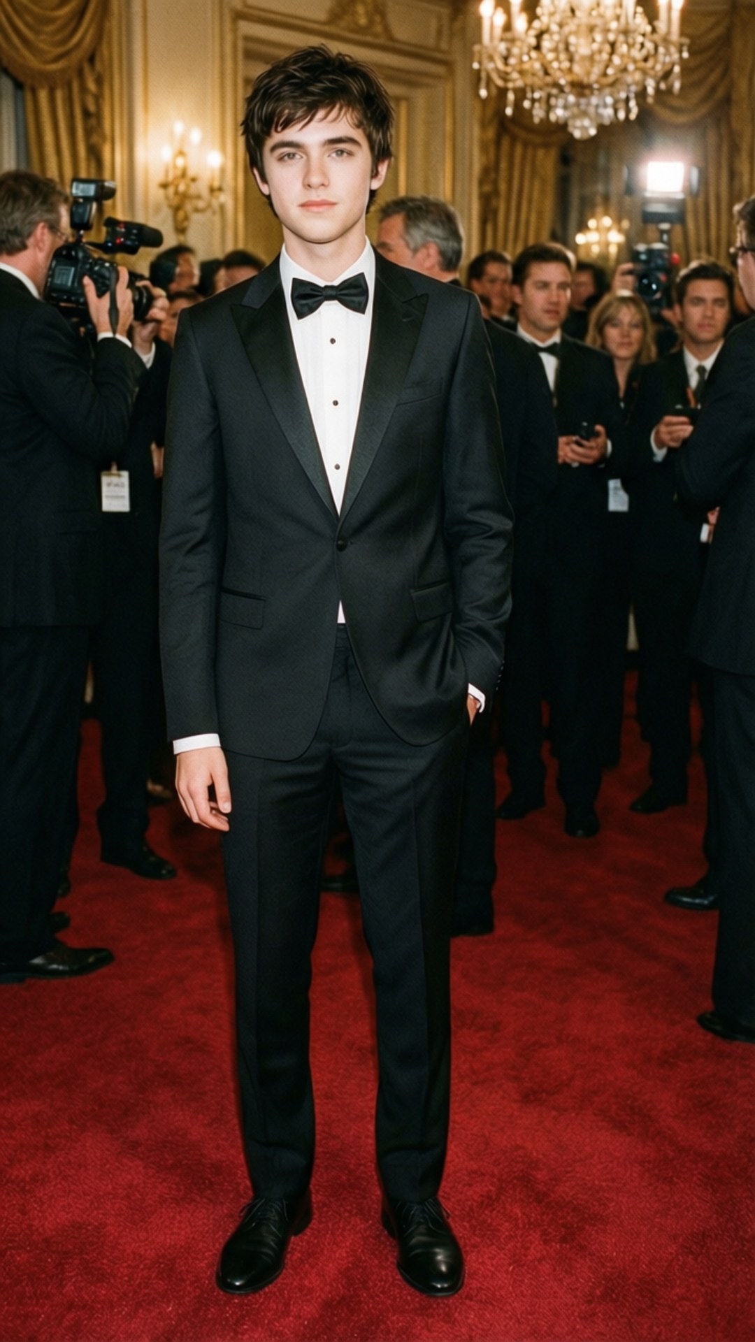 Golden Globes Elegance 壁紙 — 一位身穿黑色燕尾服、打著蝴蝶結的年輕男子，在富麗堂皇的金色大廳中，自信地站在紅地毯上，周圍是攝影師和圍觀者。