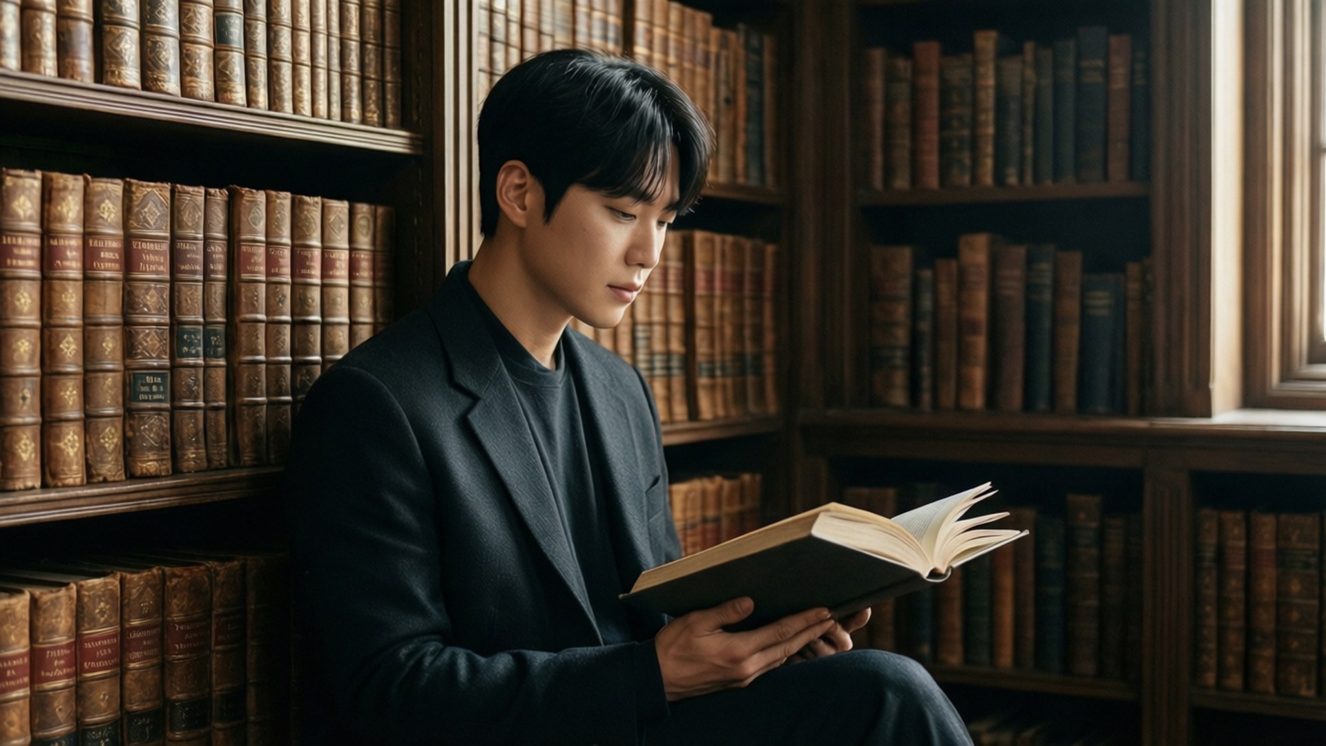 Scholar of Shadows 壁紙 — 一位身穿深色西裝的年輕男子坐在高聳的書架間，在陽光明媚的圖書館裡看書。
