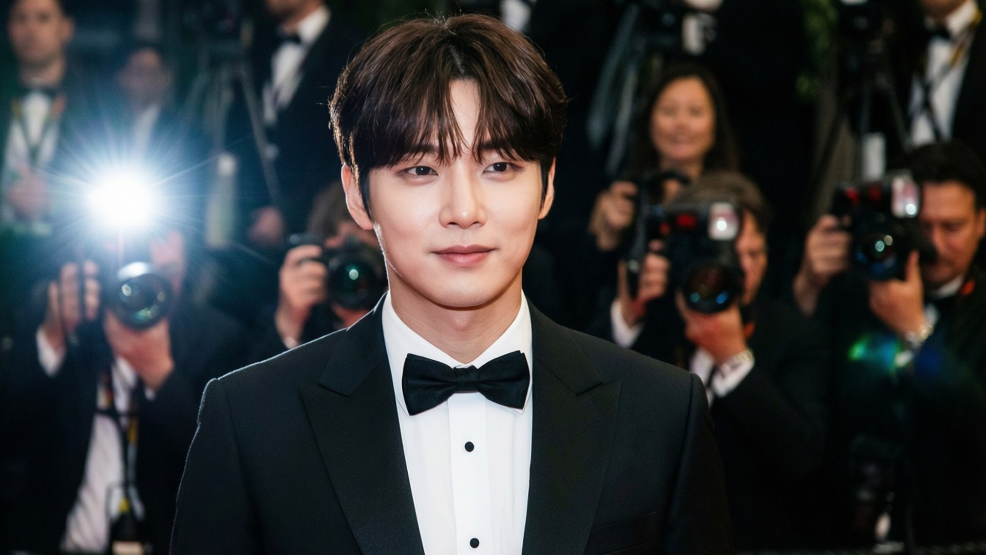 Red Carpet Glam 壁紙 — 一位年輕男子身穿黑色燕尾服配蝴蝶結，自信地站在紅地毯活動上，周圍攝影師閃光燈不斷。