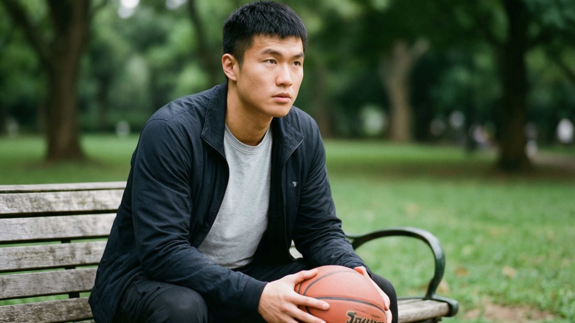 Park Thoughts 壁紙 — 一個年輕男子坐在公園的木長椅上，手持籃球，目光專注，周圍是茂密的綠樹。