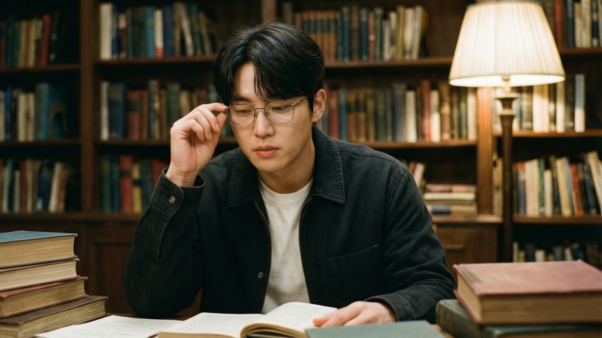 Intellectual Reader 壁紙 — 一位戴眼鏡的年輕男子在溫暖照明的圖書館中，被書架包圍，一邊學習一邊調整眼鏡。