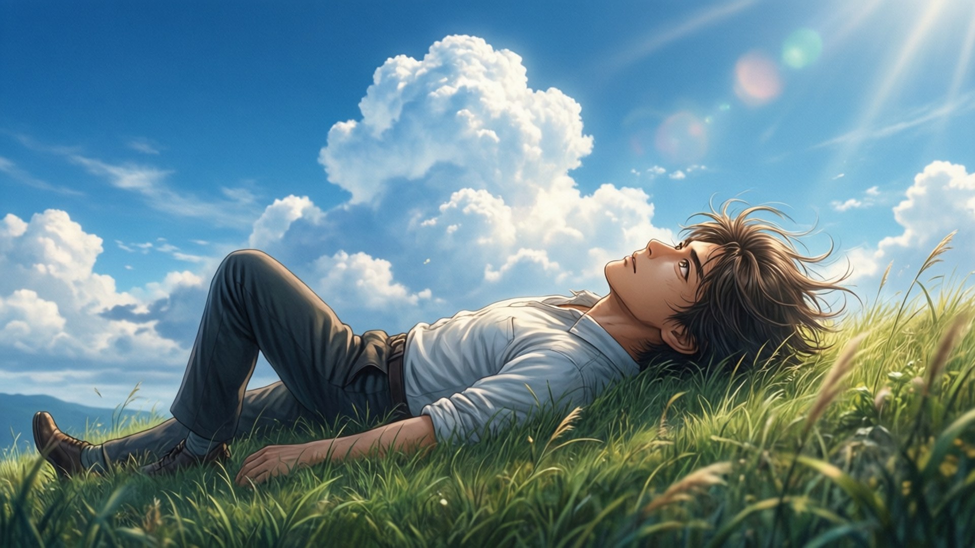 Yotasuke Under Blue Sky 壁紙 — 一個年輕男子躺在充滿活力的綠色草地上，仰望藍天白雲和陽光。