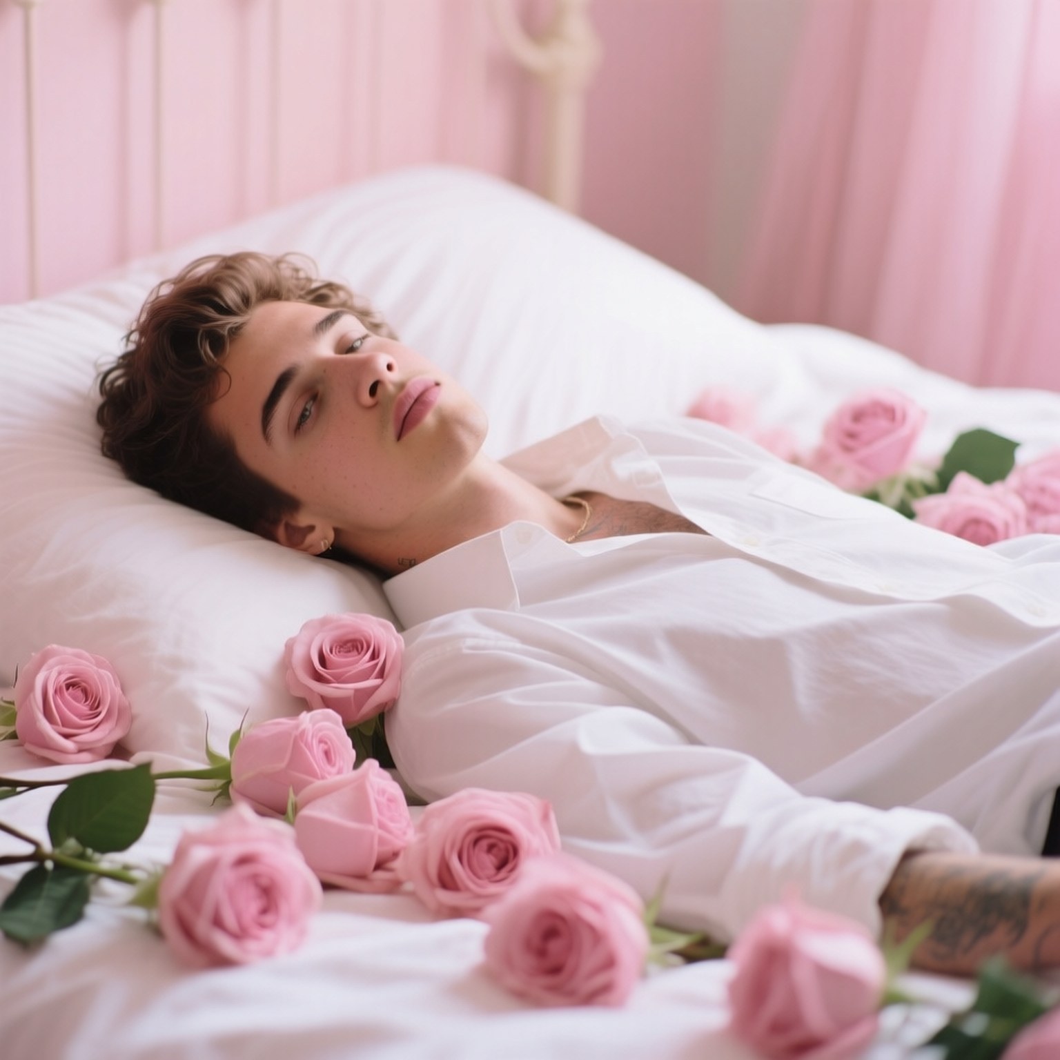 Pink Roses Romance 壁紙 — 一位捲髮年輕男子在柔和的粉紅色房間裡，被粉紅玫瑰環繞，安詳地躺在床上休息。