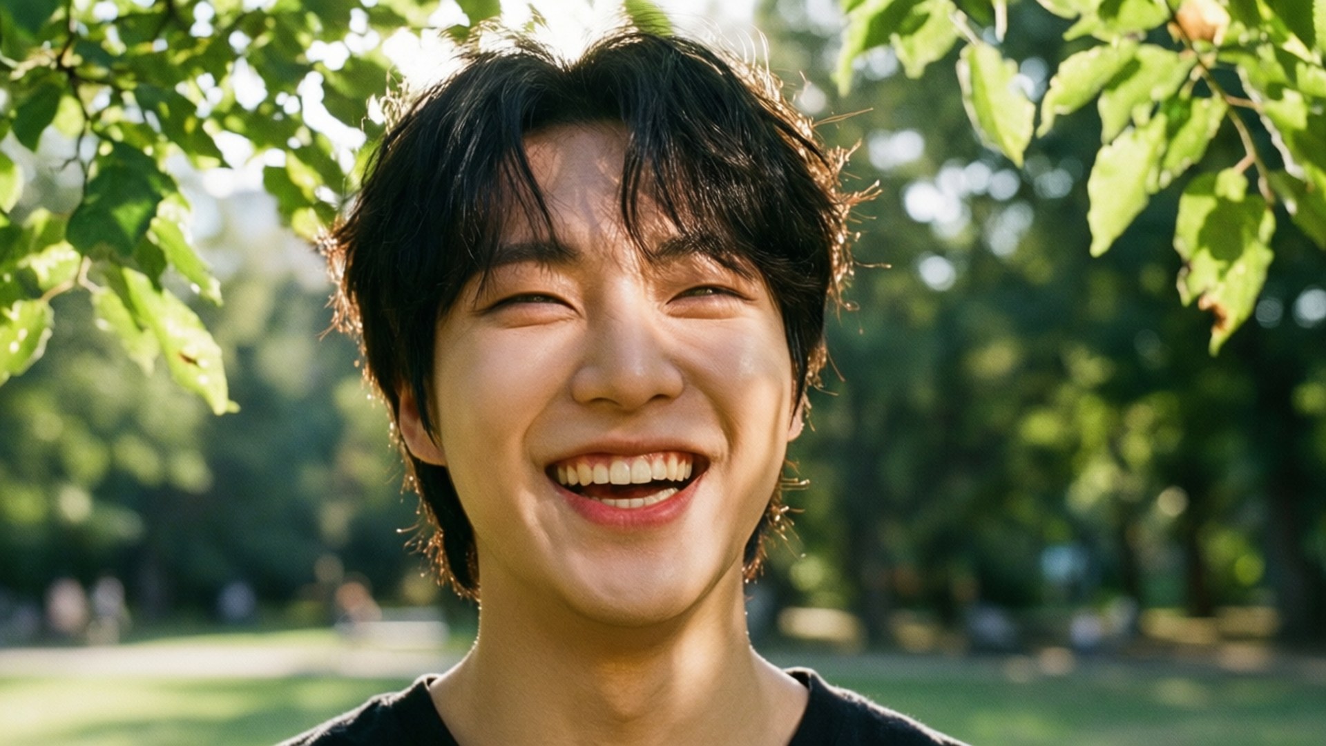 Han Candid Laugh 壁紙 — 一位年輕男子在公園裡，透過茂密綠葉灑落的斑駁陽光下，開懷大笑。