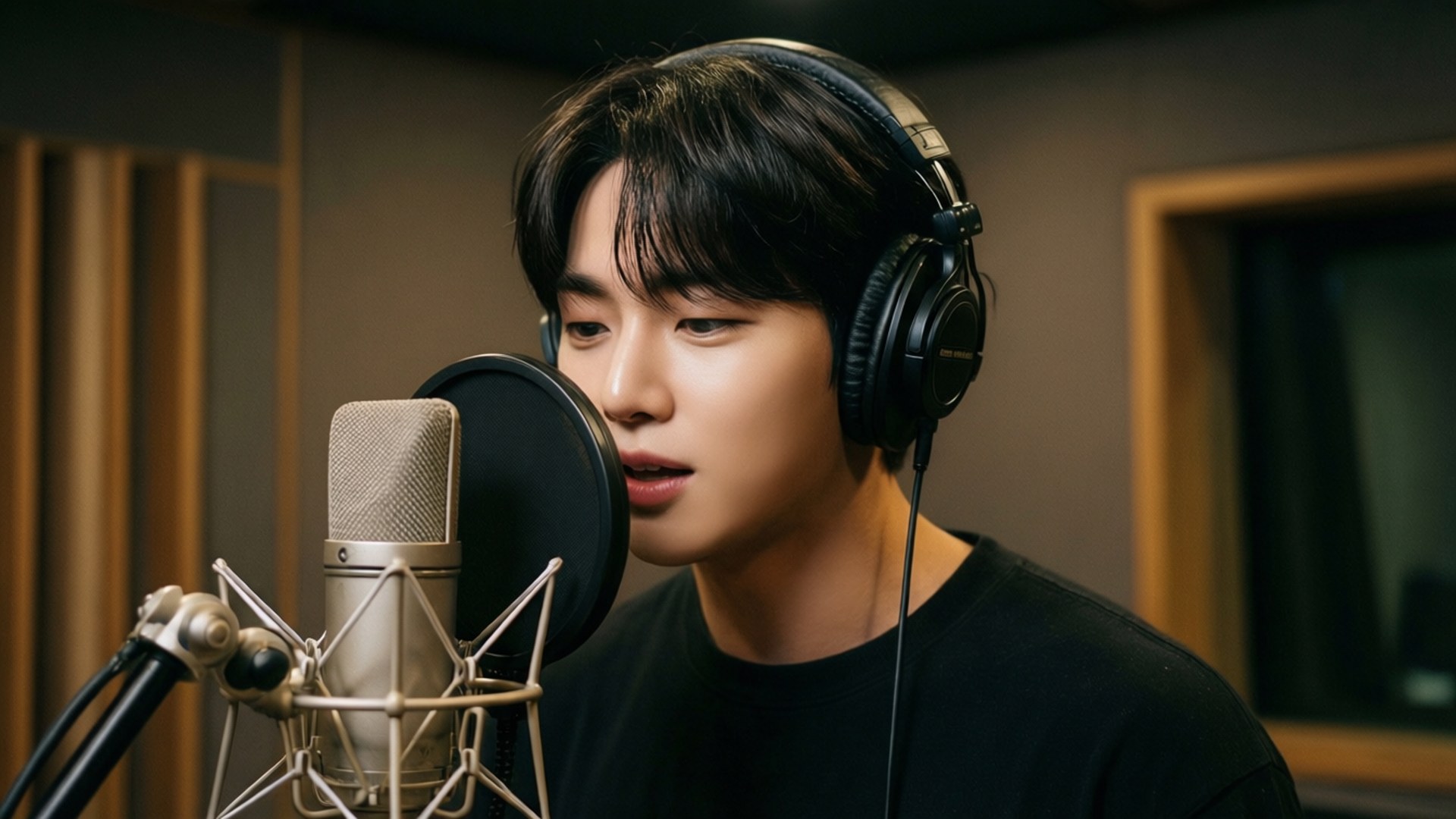 Seungmin 桌布 壁紙 — 一位深色頭髮的年輕男子在隔音室內戴著耳機對著錄音室麥克風唱歌。
