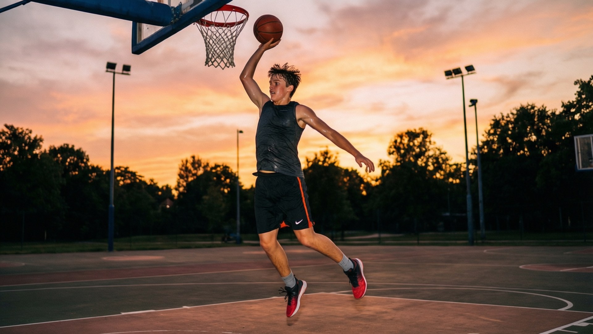 The8 Dunk Shot 壁紙 — 一名年輕男子在日落時分的戶外籃球場上躍起，在樹木和體育場燈光的背景下將球扣入籃框。