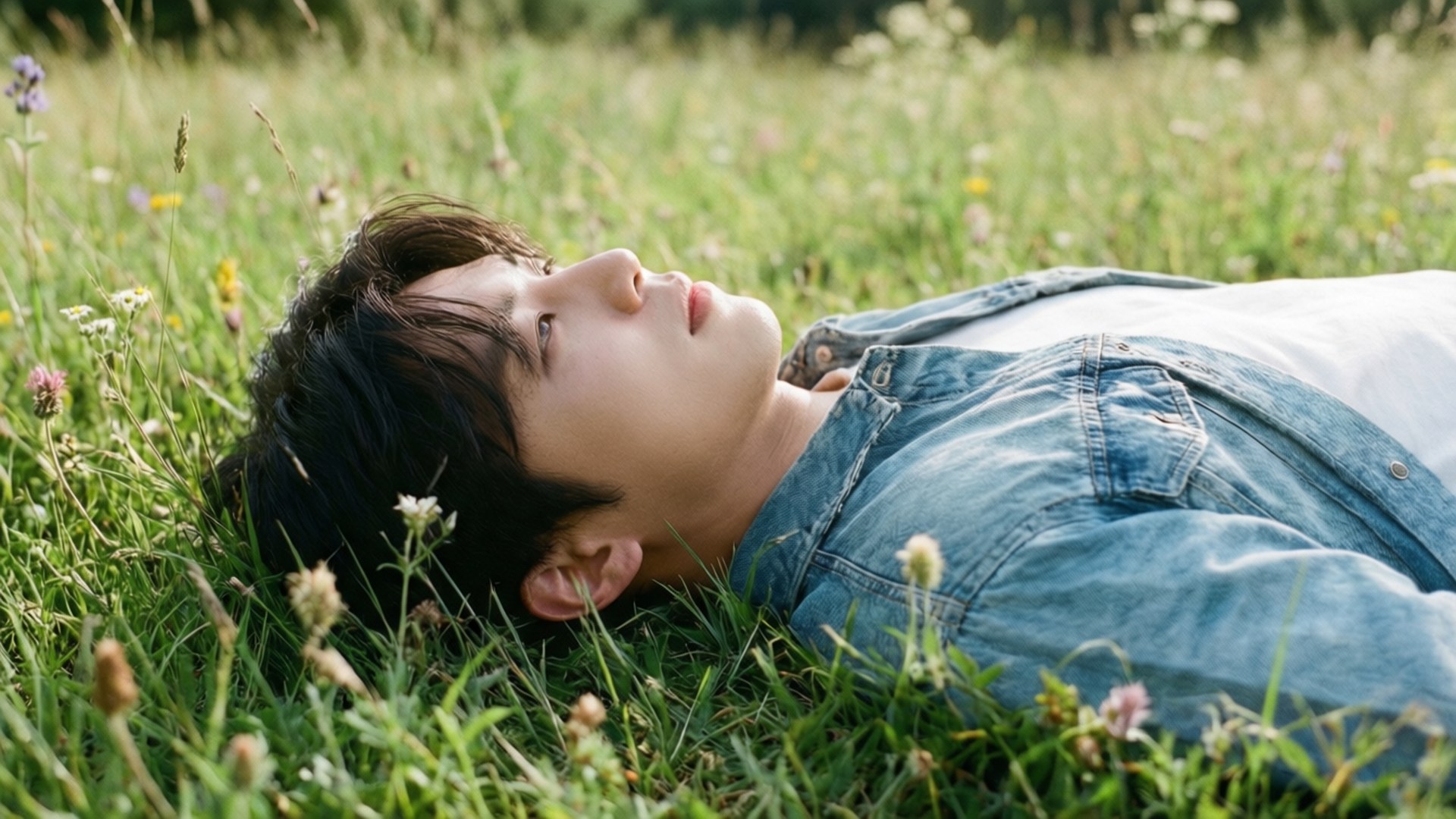 Serene Nature Escape 壁紙 — 一個穿著牛仔襯衫的年輕男子平靜地躺在陽光明媚、開滿野花的草地上。