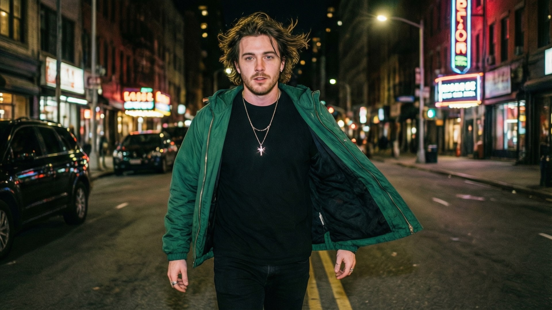 City Night Jacksepticeye 壁紙 — 一個頭髮蓬鬆的年輕男子在夜晚自信地走在霓虹燈閃爍的城市街道上，穿著綠色外套和黑色襯衫。