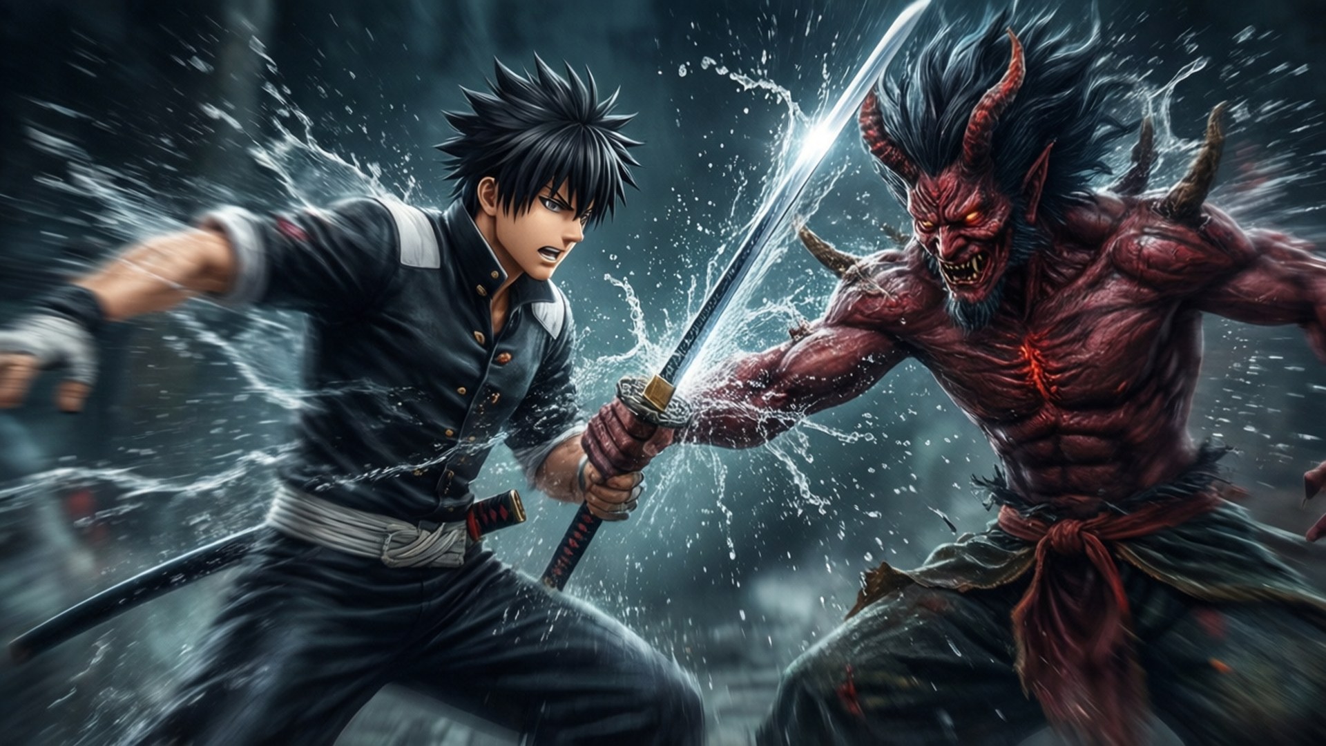 Demon Slayer Strike 壁紙 — 一名身穿深色制服的年輕男子在雨中的戰鬥場景中與紅色角惡魔交劍。