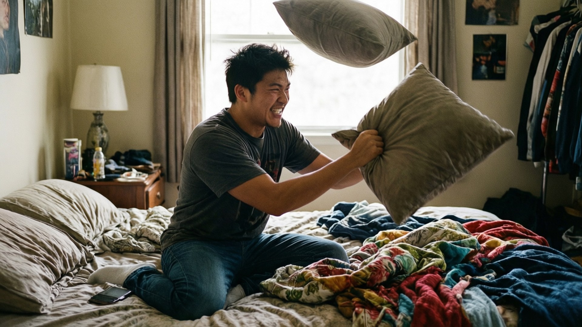 Pillow Fight 壁紙 — 一個年輕男子在自然光線下，在凌亂的臥室裡嬉戲地扔枕頭大笑。