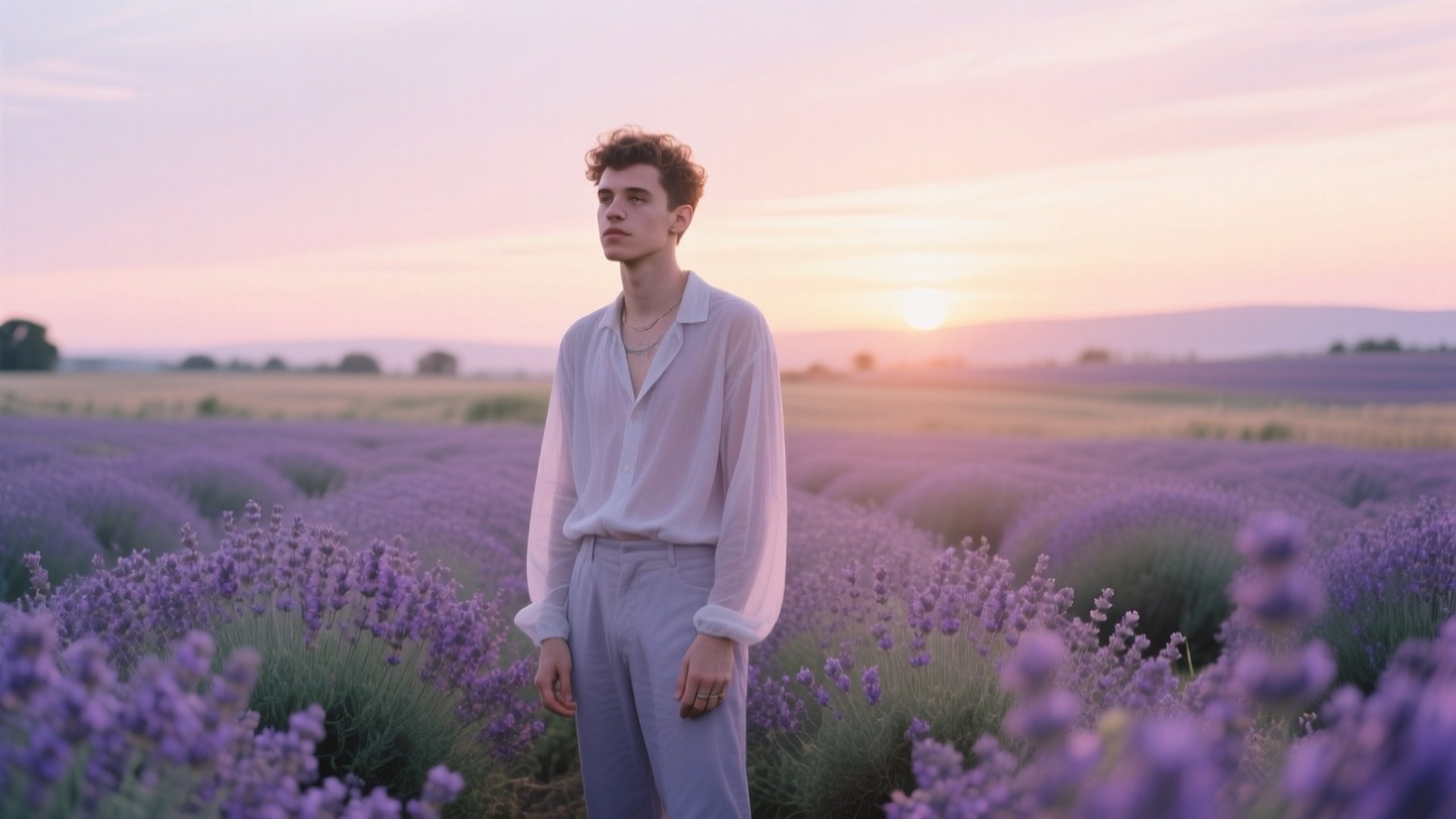 Lavender Fields Sunset 壁紙 — 一名身穿淺色衣服的年輕男子站在盛開的薰衣草田間，背景是柔和粉紅與橙色的日落天空。