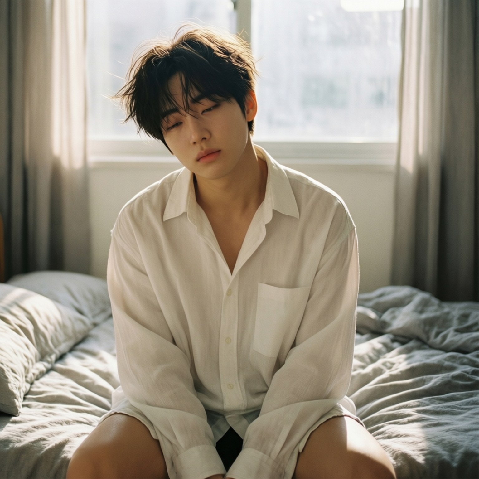 Bedroom Morning Light 壁紙 — 一個頭髮凌亂的年輕男子坐在床上，身後窗戶透進柔和自然光，身穿寬鬆白襯衫。