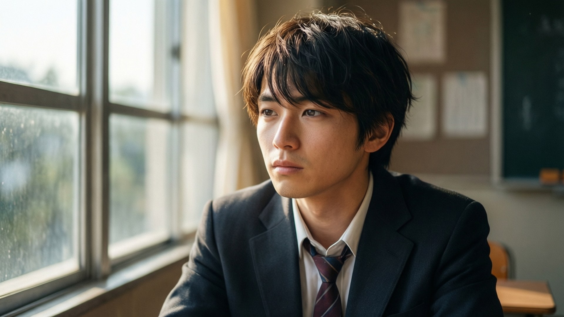 Contemplative Shikatani 壁紙 — 一位身穿深色西裝和條紋領帶的年輕男子坐在陽光普照的教室窗邊，若有所思地望著外面。