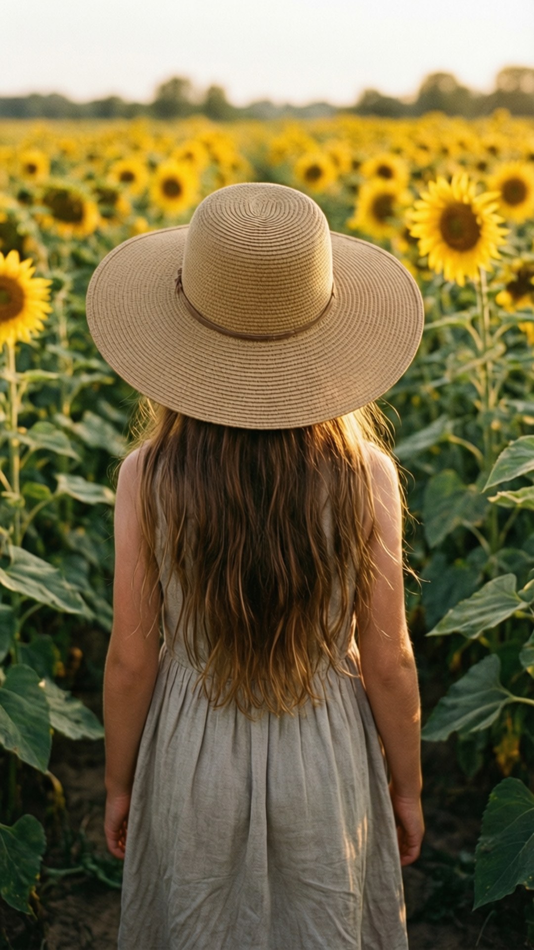 Girl in Sunflower Field 壁紙 — 一個戴著寬邊草帽的年輕女孩背對鏡頭，沉浸在金色時刻盛開的廣闊向日葵田中。