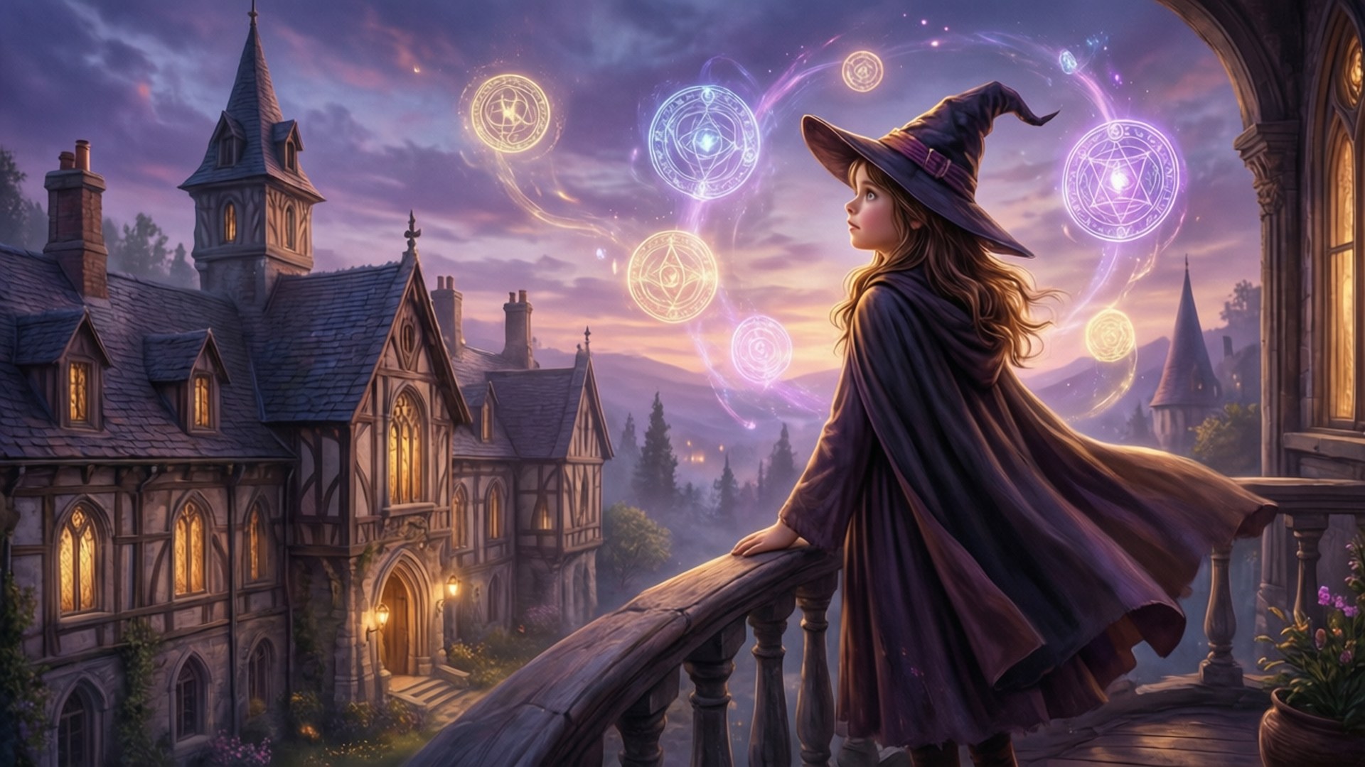 Witch Hat Atelier 桌布 壁紙 — 一位身穿紫色斗篷的年輕女巫站在俯瞰哥德式大宅的陽台上，發光的魔法符文在暮色天空中圍繞她旋轉。