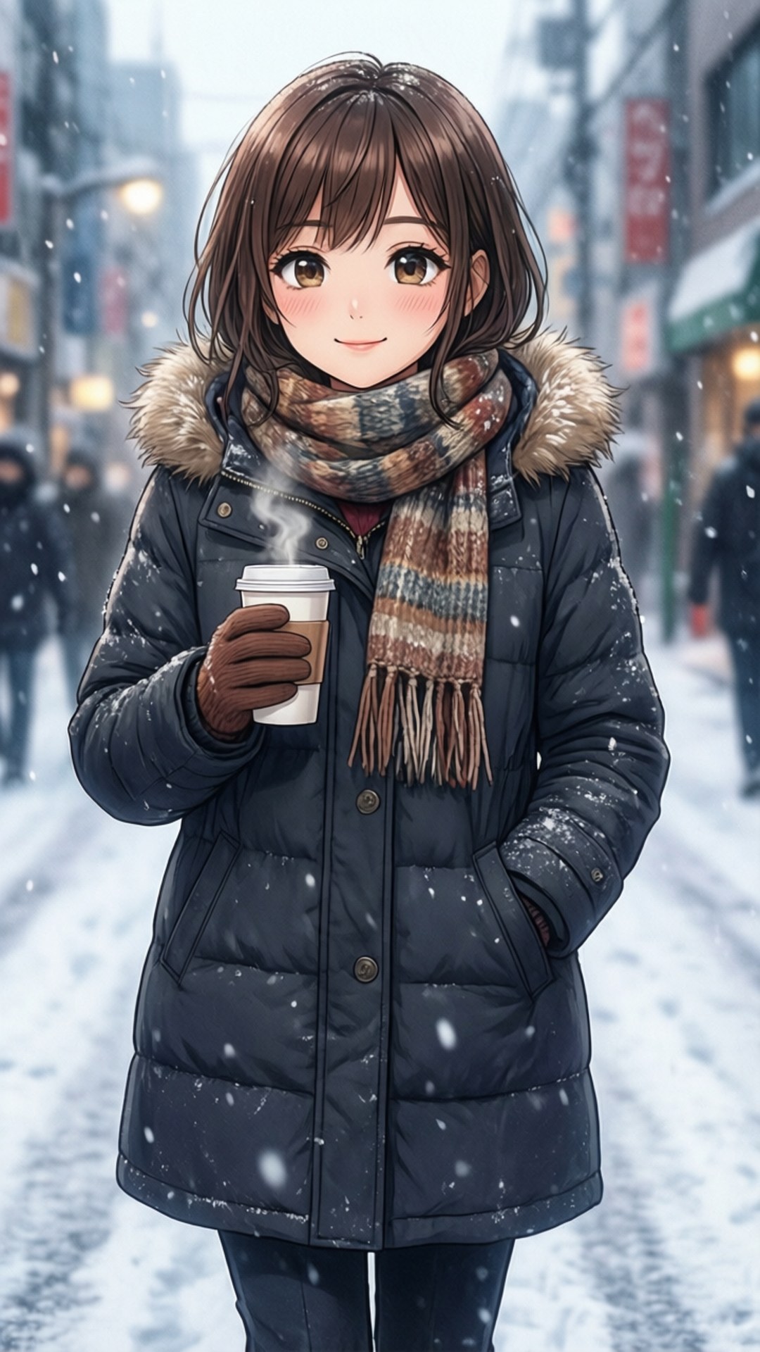 Ruka Winter Walk 壁紙 — 一位年輕女性穿著深色羽絨外套和圖案圍巾，在雪白的城市街道上微笑著拿著一杯冒煙的咖啡。