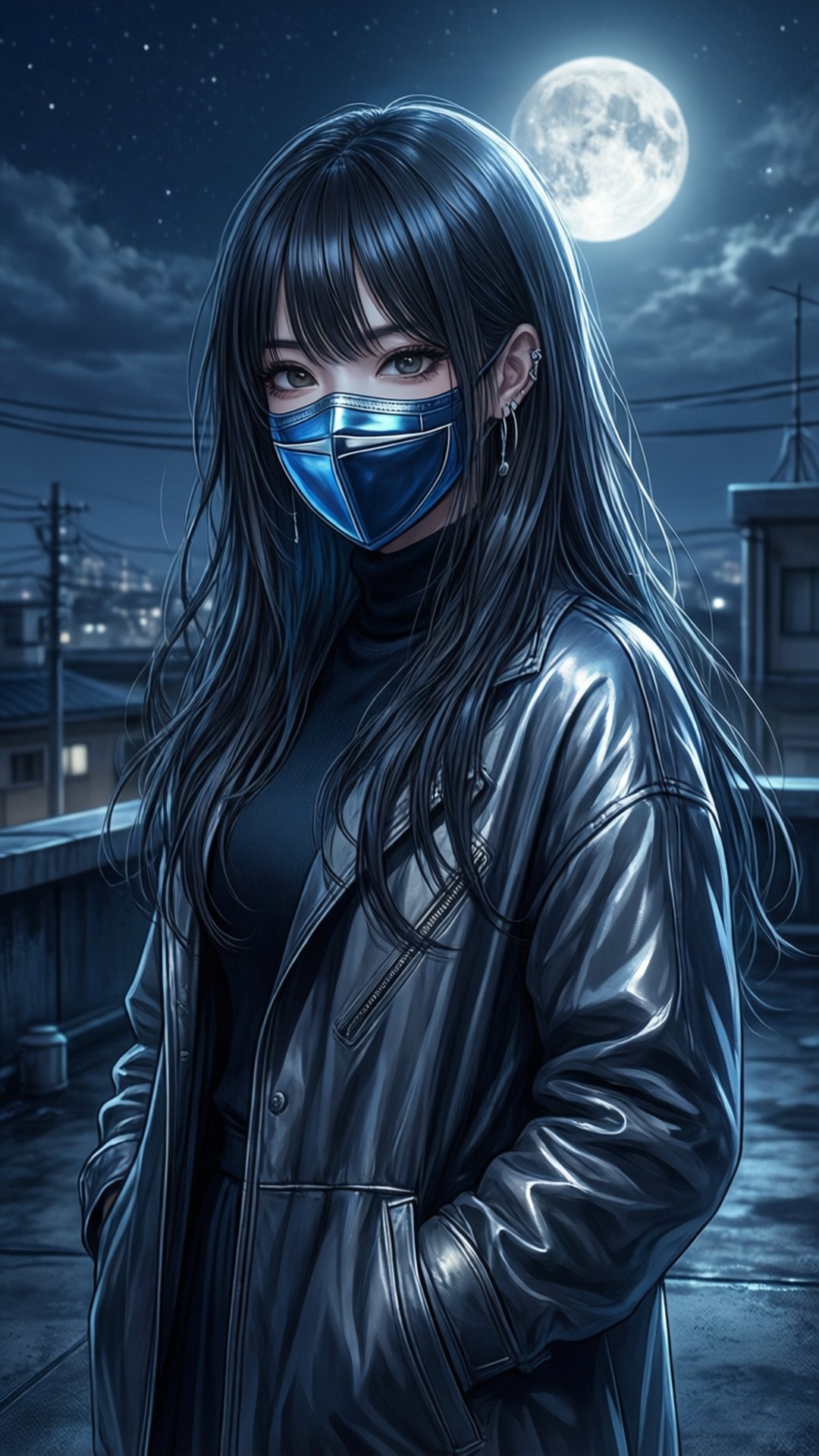 Masked Thirteen 壁紙 — 一位長黑髮的年輕女性在滿月下，夜晚的城市屋頂上戴著藍色口罩和閃亮的黑色皮夾克。