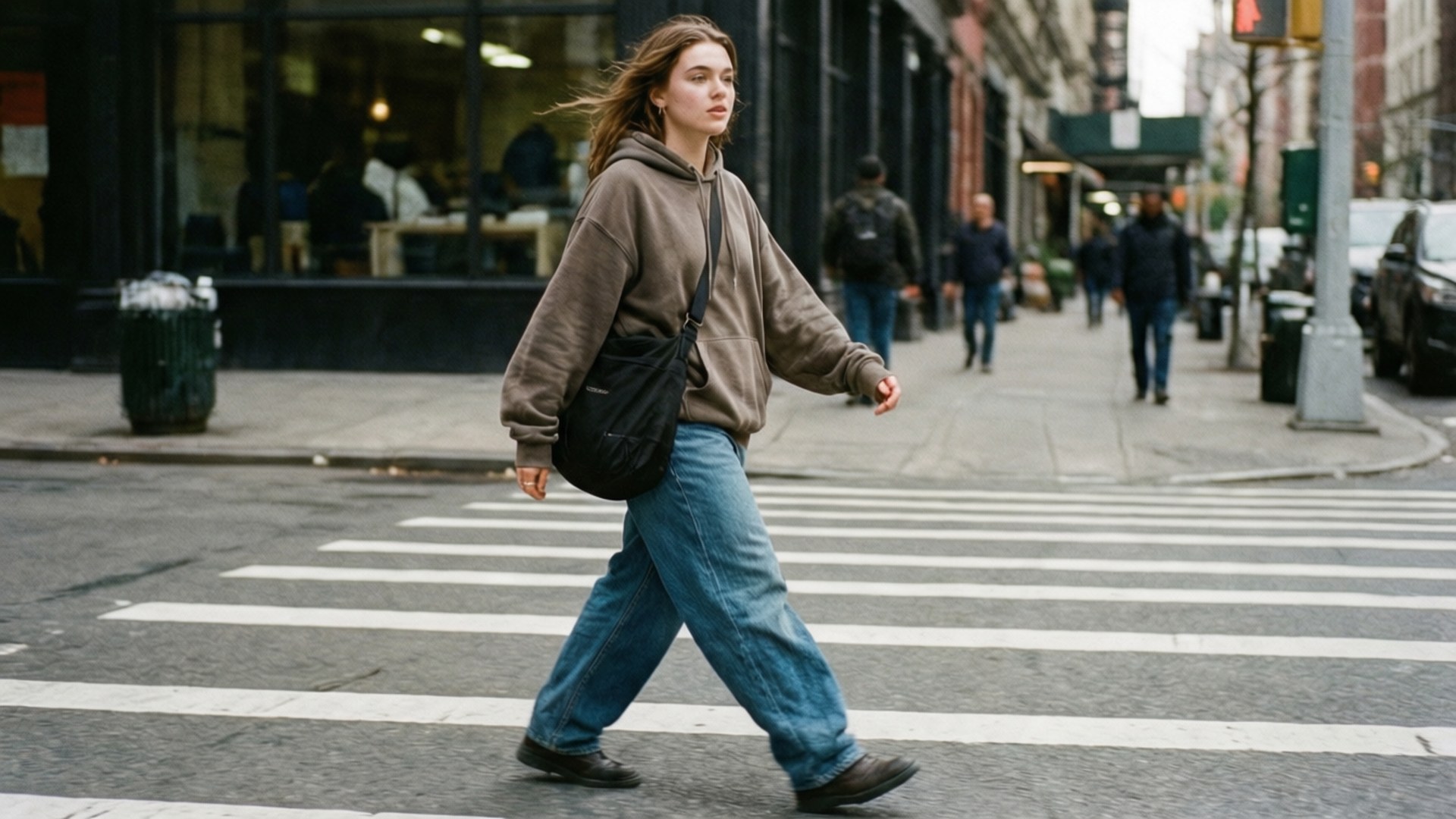 Street Style Stroll 壁紙 — 一位身穿棕色連帽衫和藍色牛仔褲的年輕女性自信地走過城市街道的斑馬線，背景是模糊的行人和商店櫥窗。