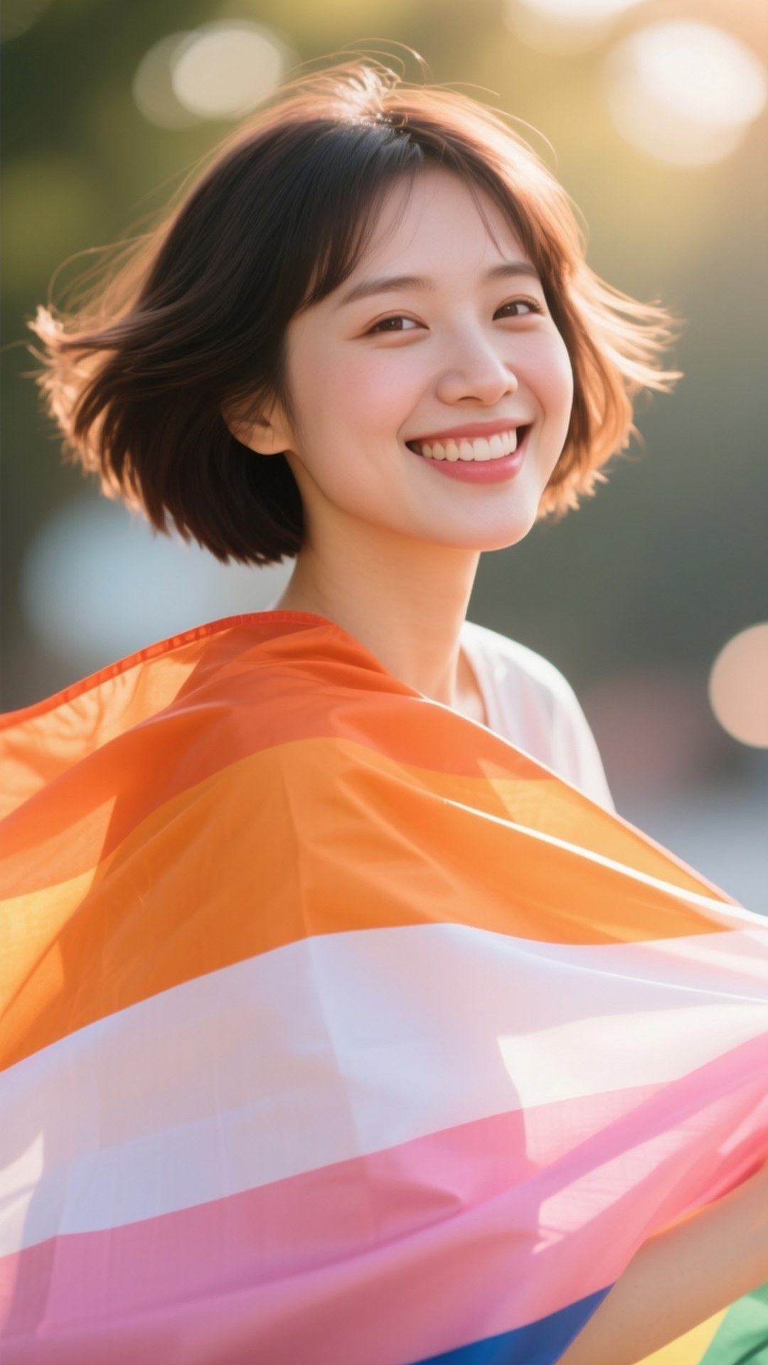 Portrait with Lesbian Flag 壁紙 — 一位短黑髮的年輕女性微笑著，手持飄揚的彩虹旗，背景是柔和模糊的戶外環境。