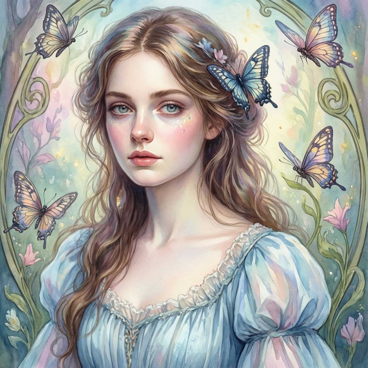 Watercolor Fairy Tale 壁紙 — 一位年輕女性，長著波浪長髮和藍色眼睛，在蝴蝶和花卉漩渦的環繞下，柔和地凝視著一個粉彩色的華麗畫框。